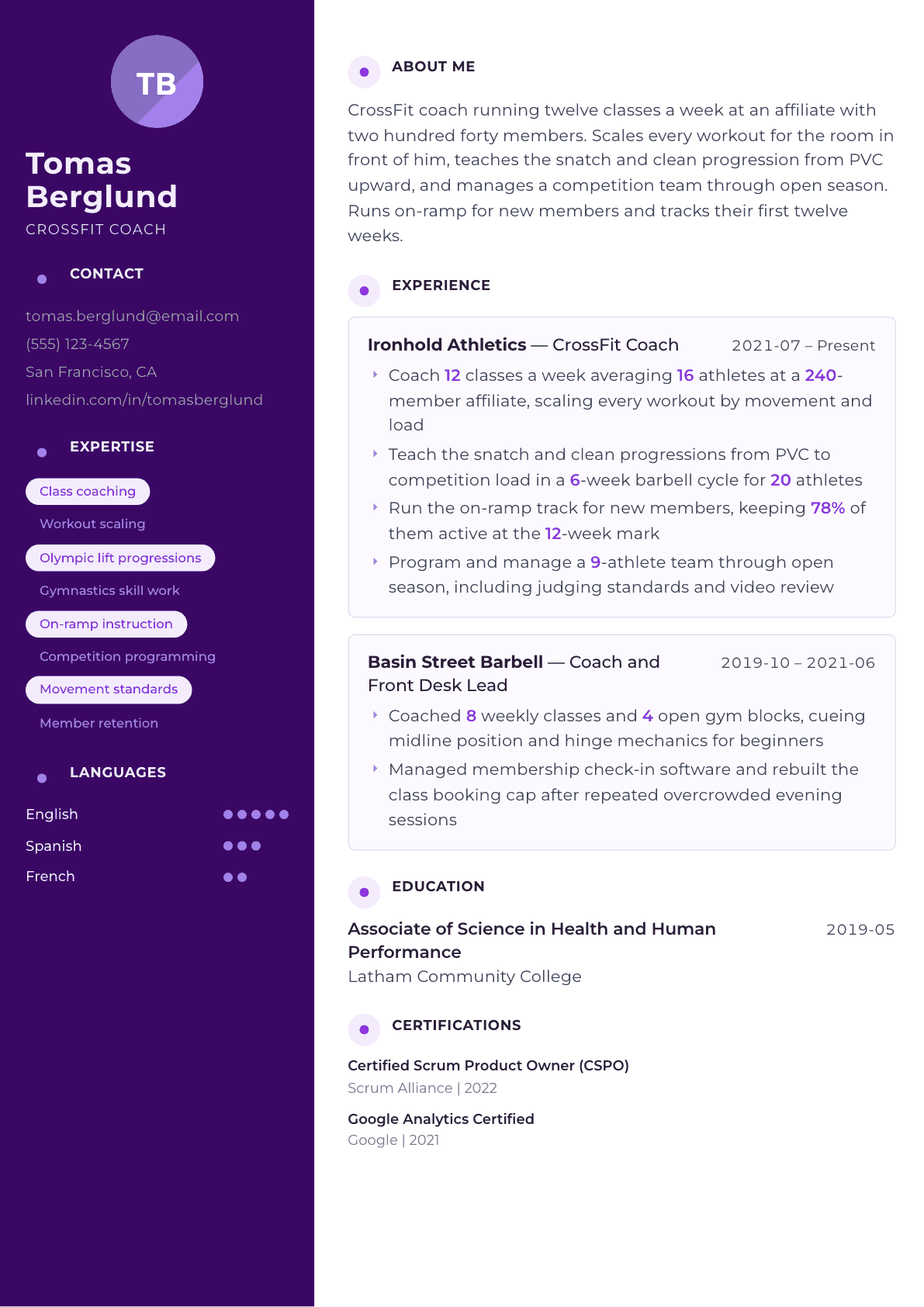 CrossFit Coach resume example, Palette template