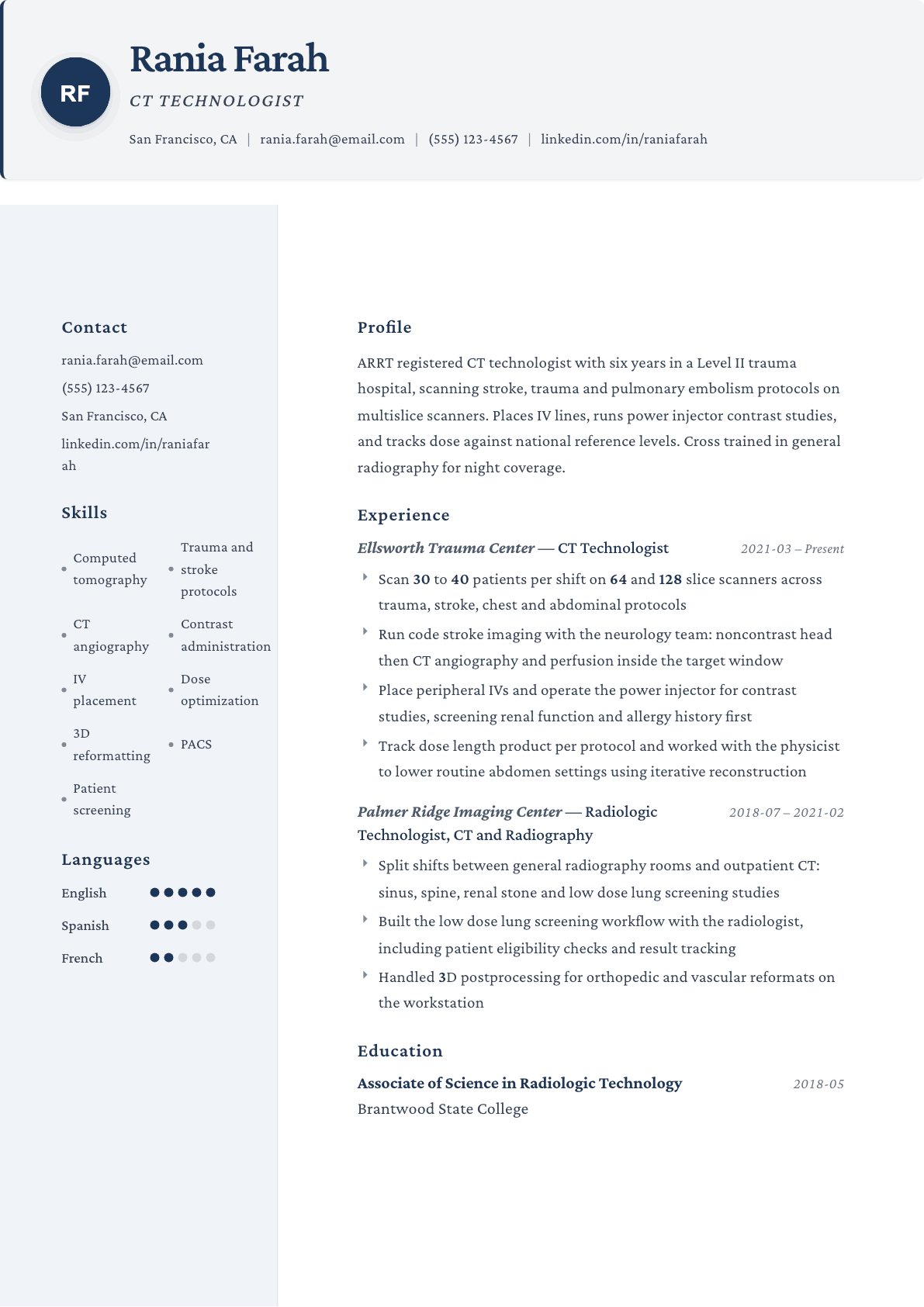 CT Technologist resume example, Formal template