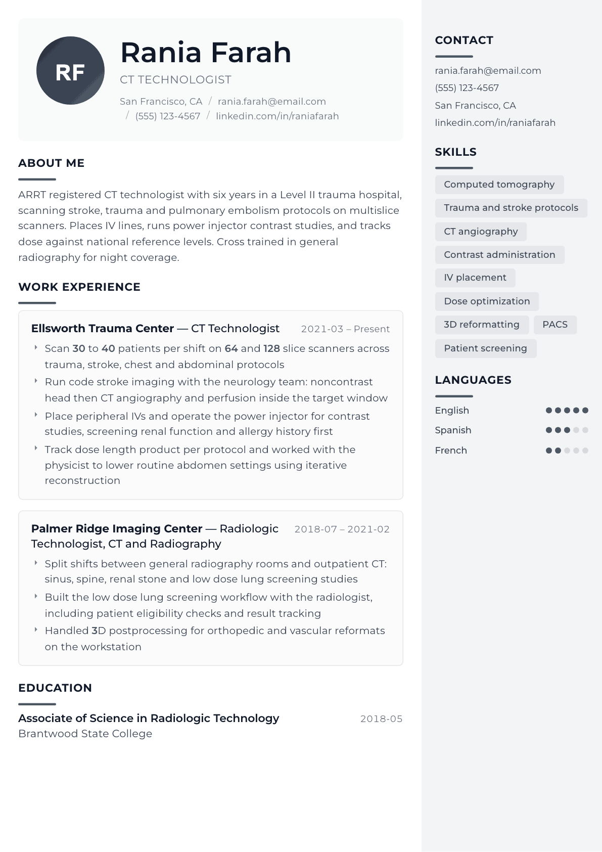 CT Technologist resume example, Metropolitan template