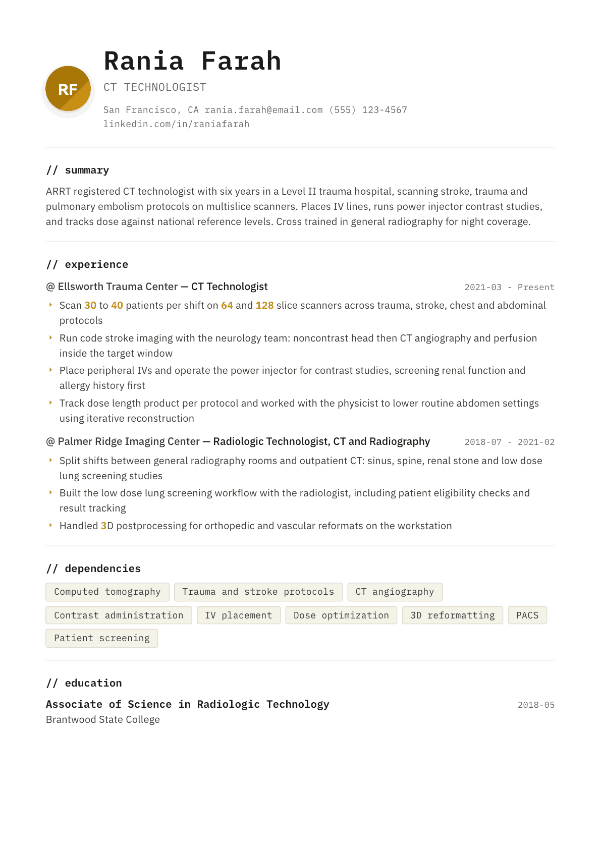 CT Technologist resume example, Terminal template