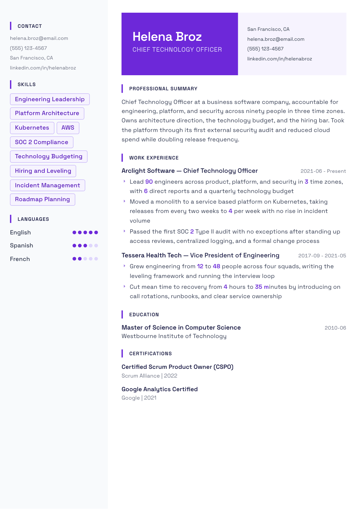 CTO resume example, Tokyo template