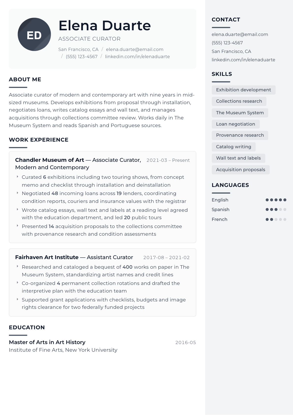 Curator resume example, Metropolitan template