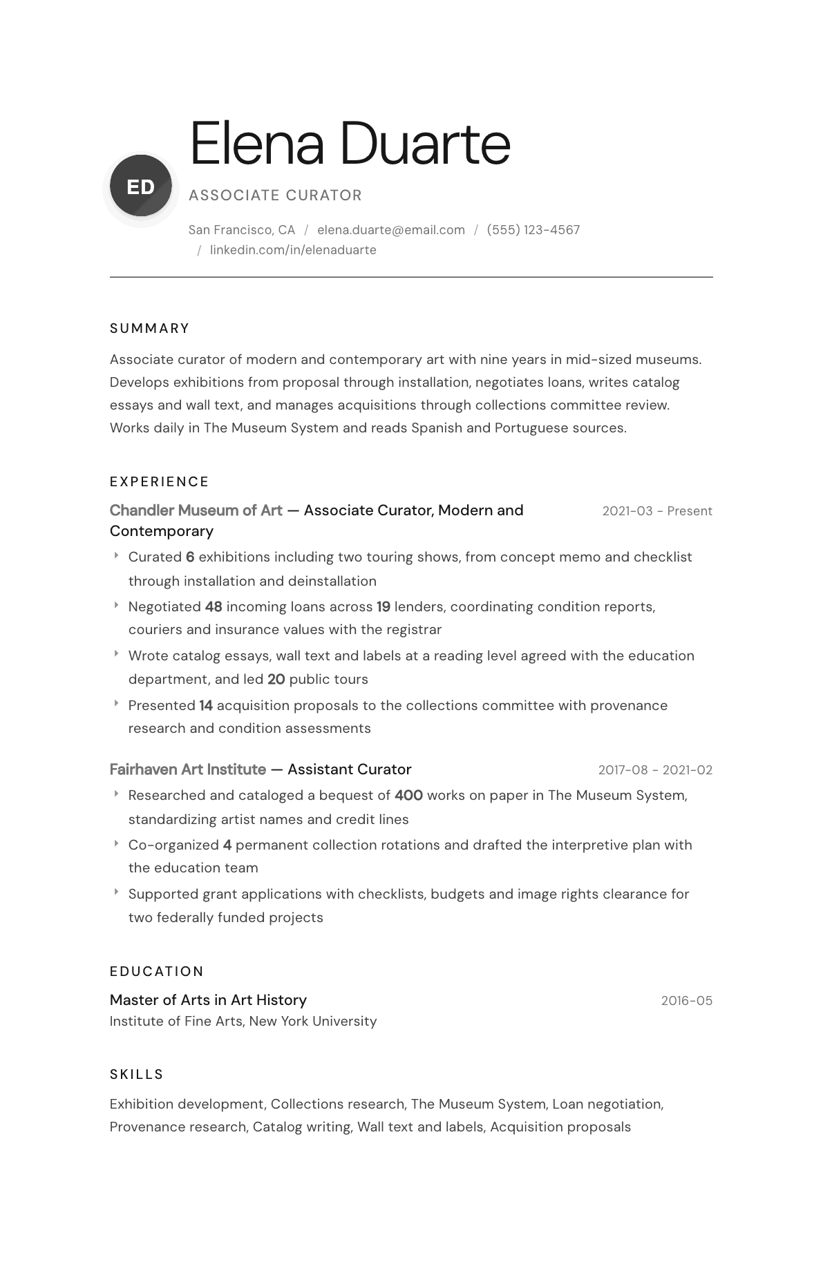 Curator resume example, Whisper template