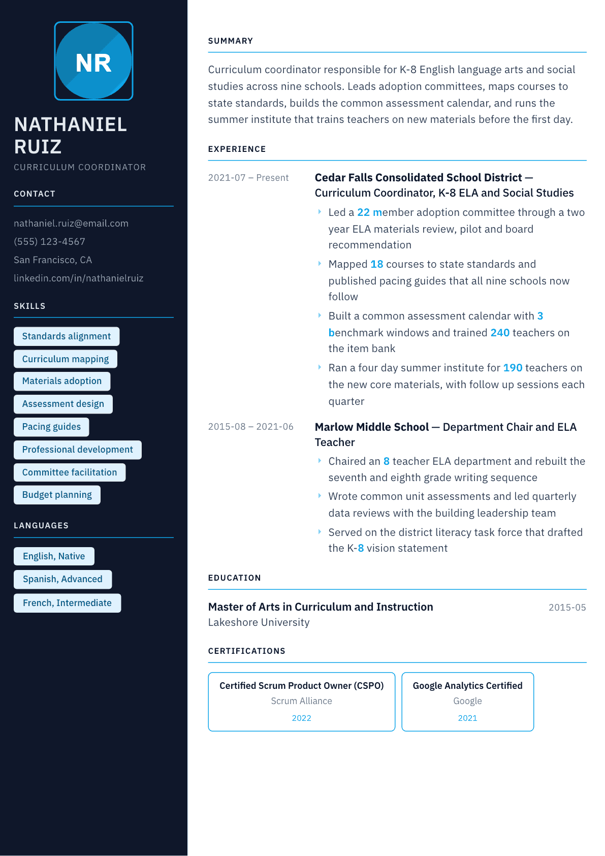 Curriculum Coordinator resume example, Everest template