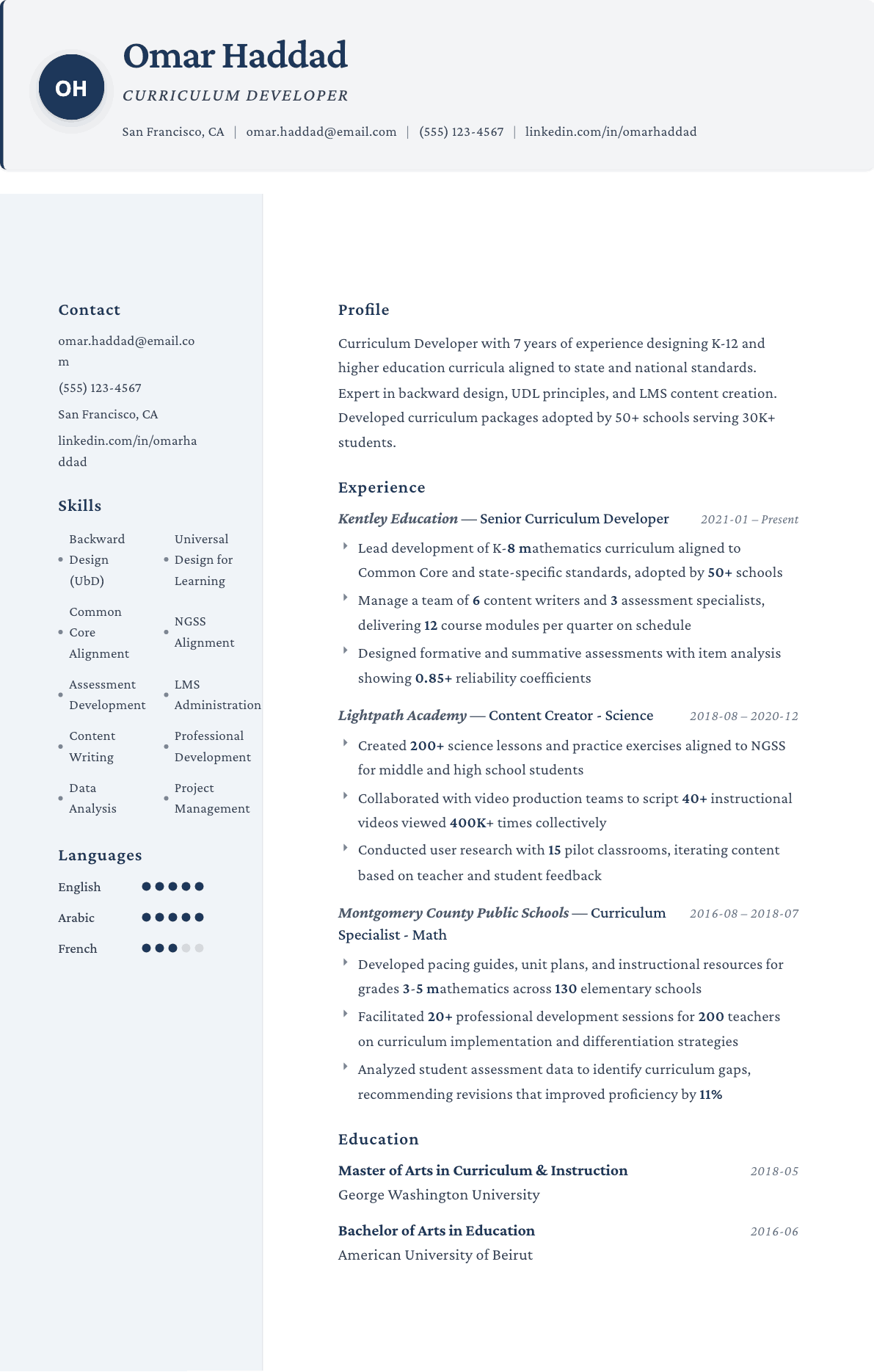 Curriculum Developer resume example, Formal template