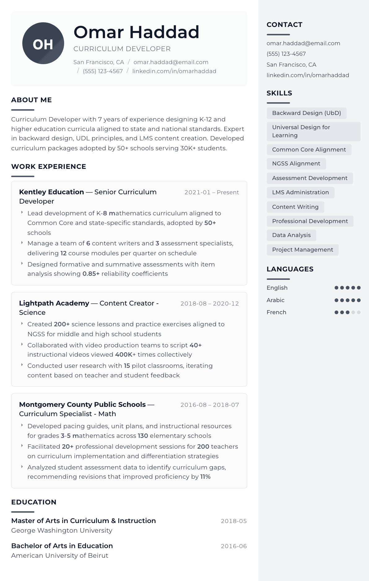 Curriculum Developer resume example, Metropolitan template