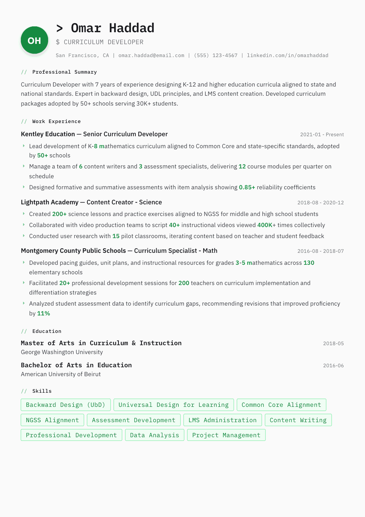 Curriculum Developer resume example, Amsterdam template