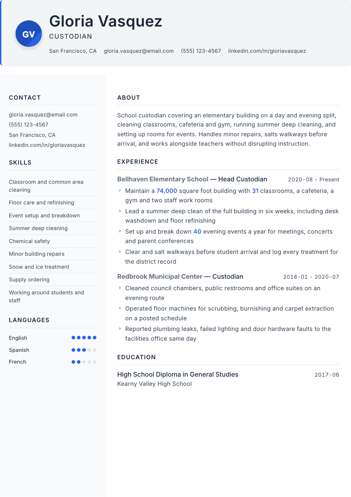 Custodian resume example, Paper template