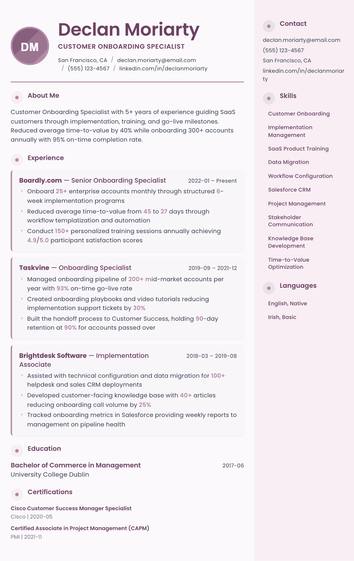 Customer Onboarding Specialist resume example, Bloom template