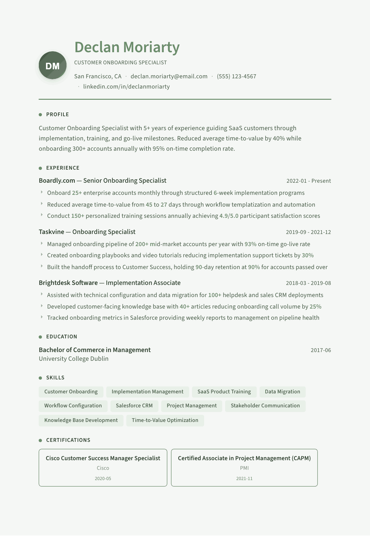 Customer Onboarding Specialist resume example, Sage Garden template