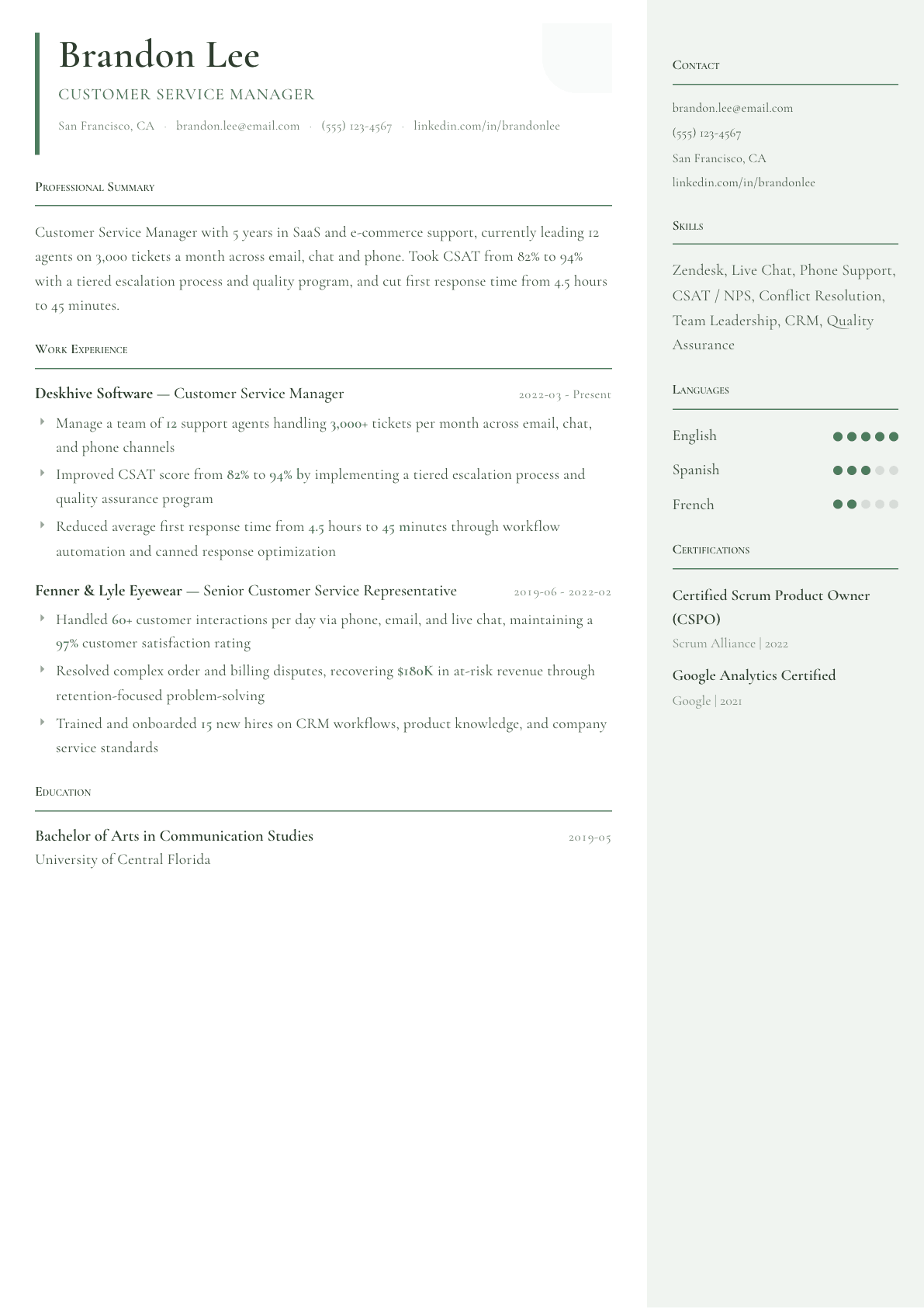 Customer Service resume example, Copenhagen template