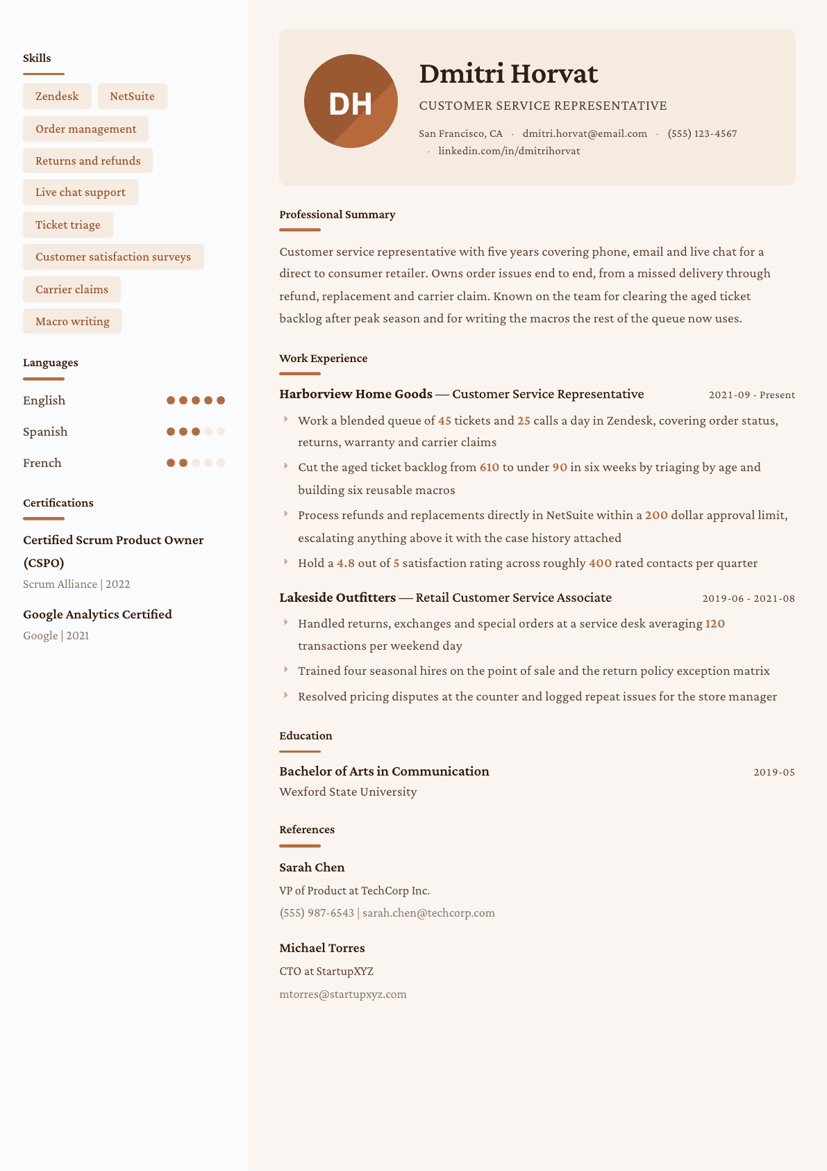 Customer Service Representative resume example, Lisbon template