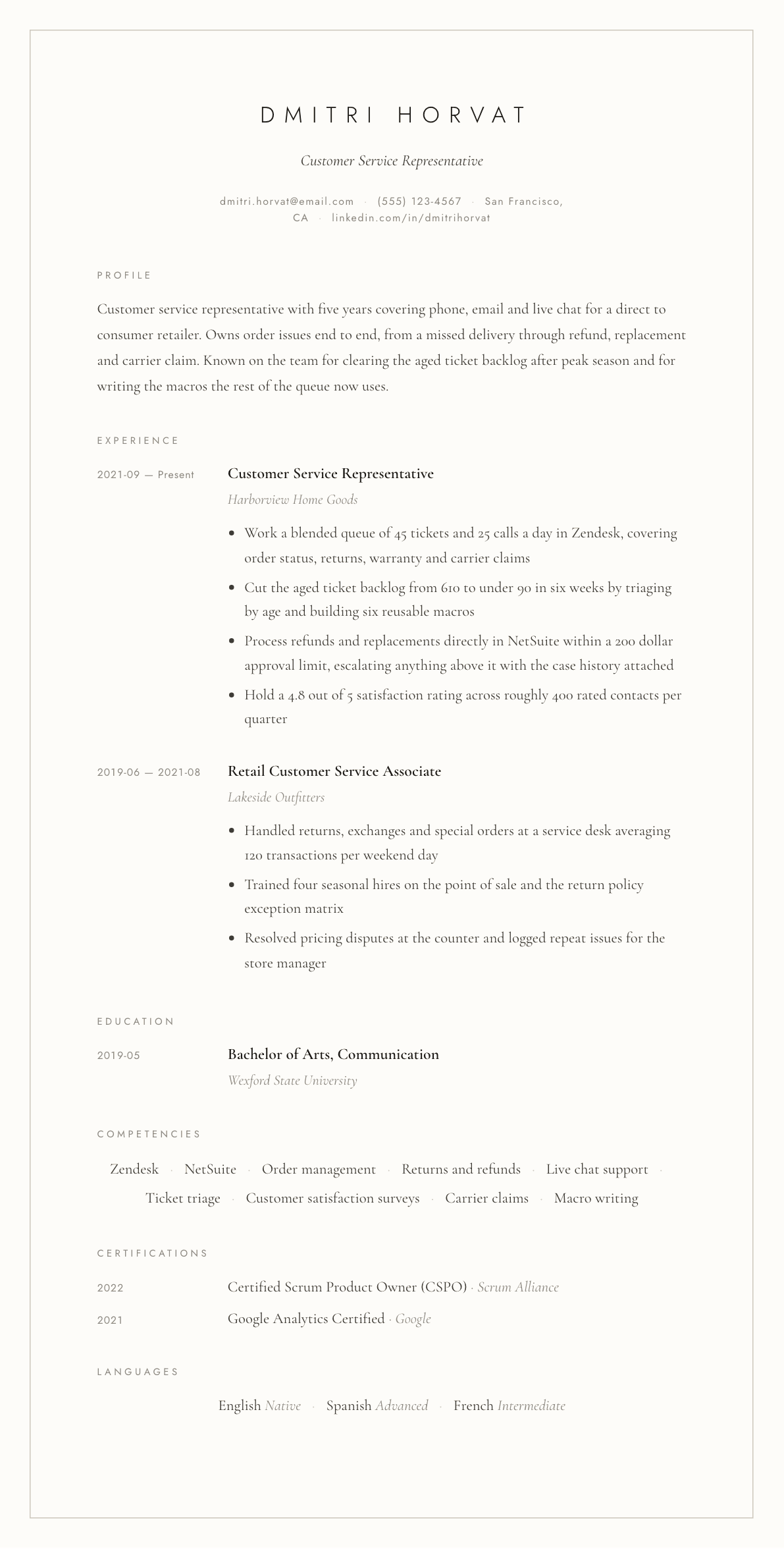 Customer Service Representative resume example, Vellum template