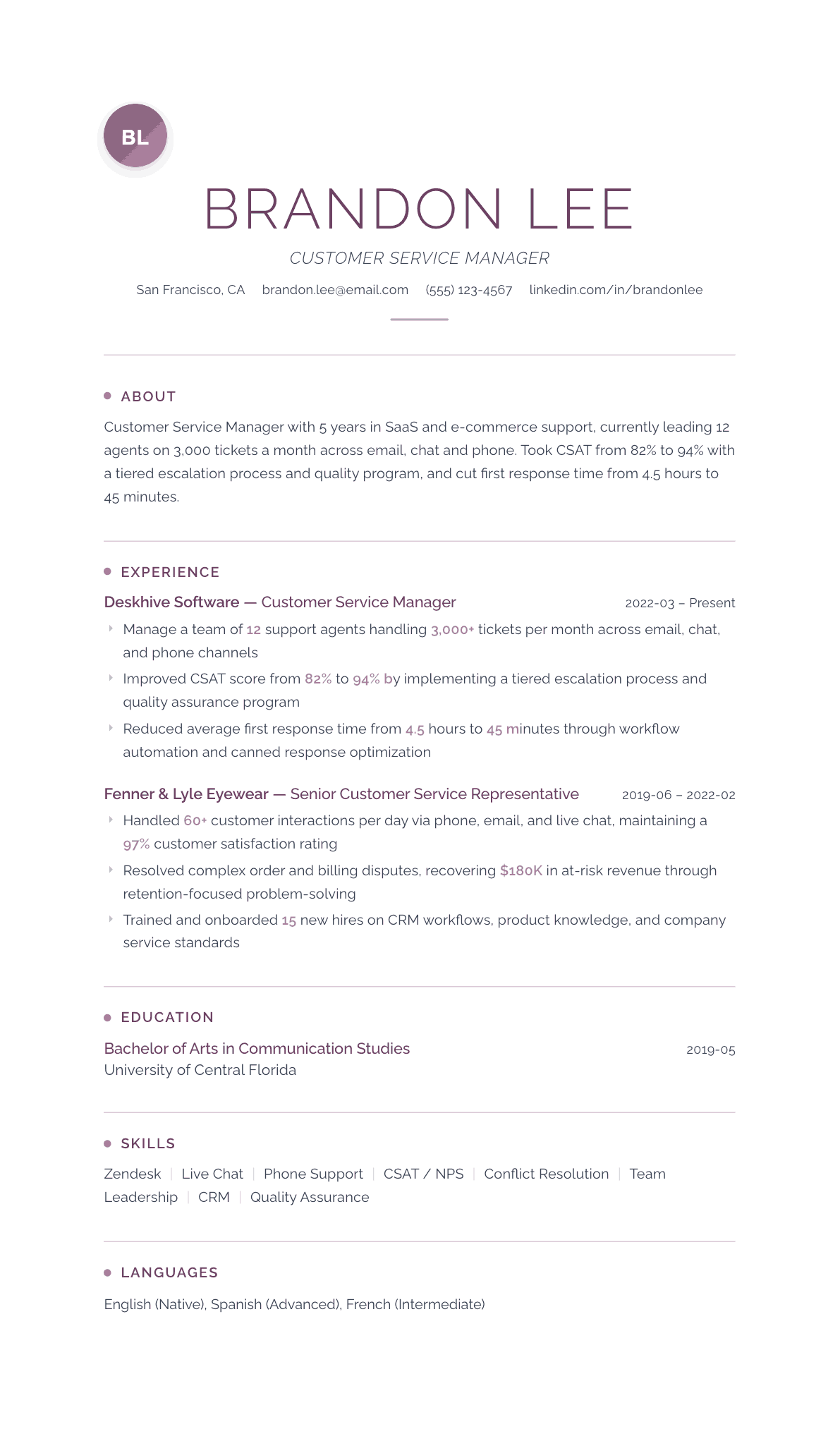 Customer Service resume example, Serenity template