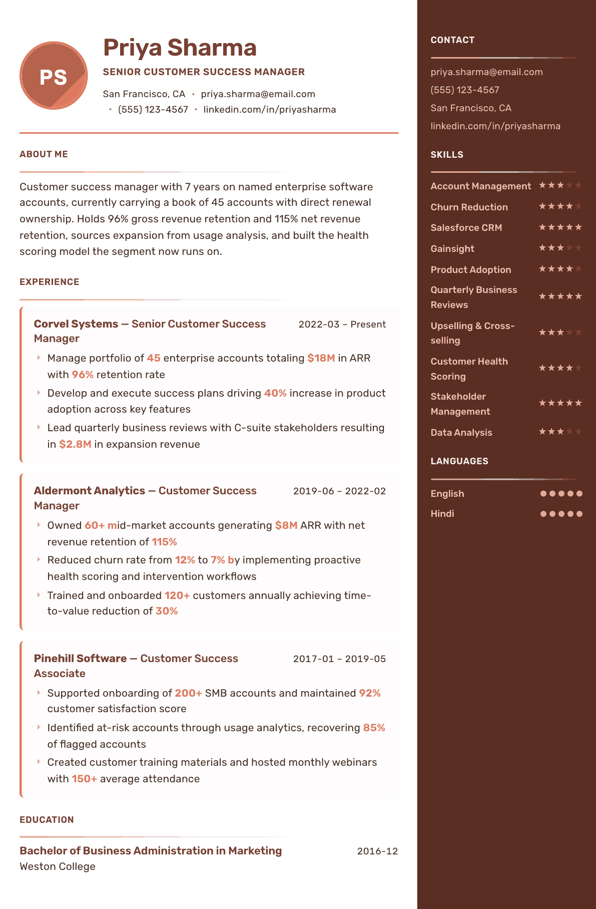 Customer Success Manager resume example, Mosaic template