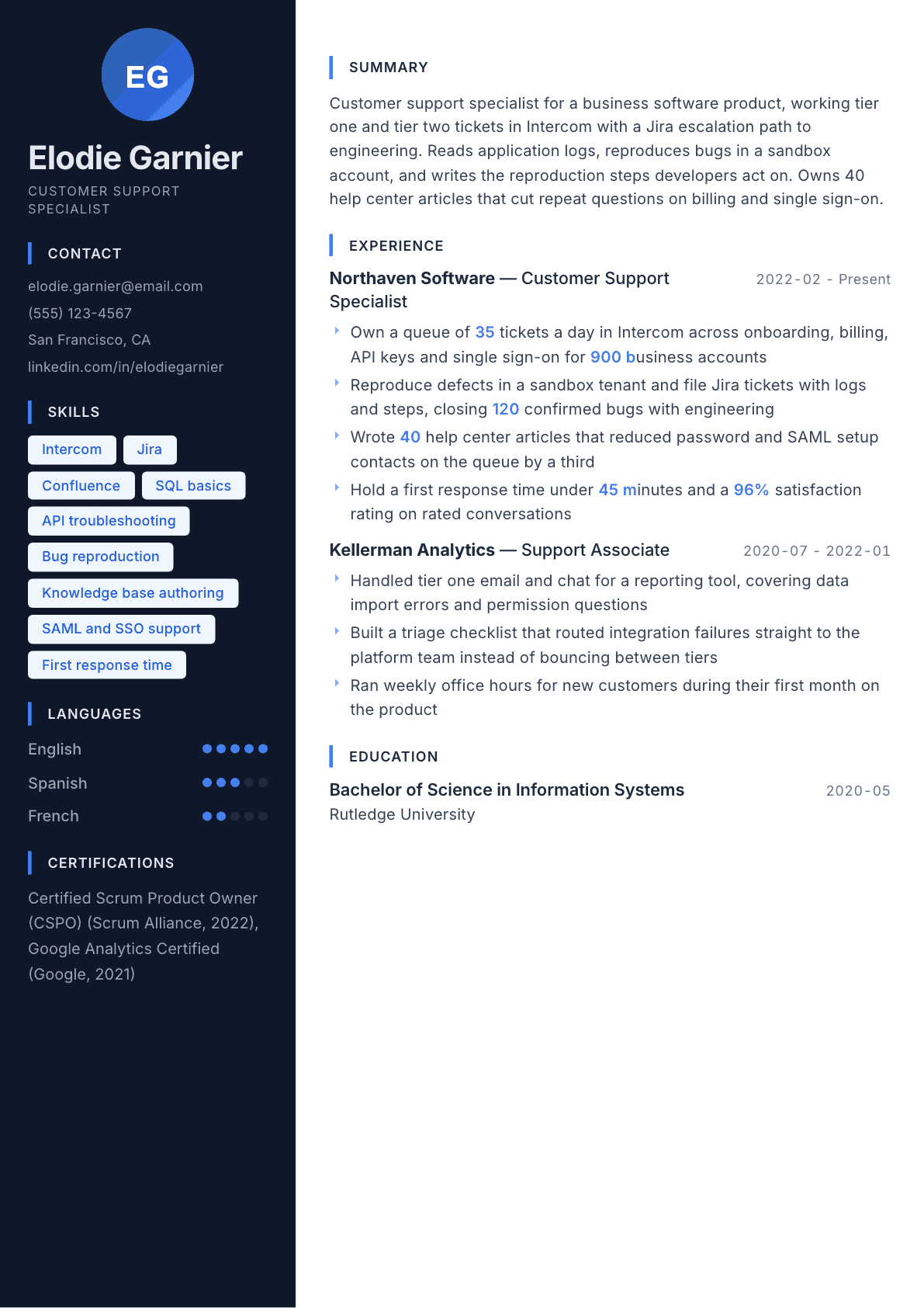 Customer Support Specialist resume example, Midnight Sapphire template