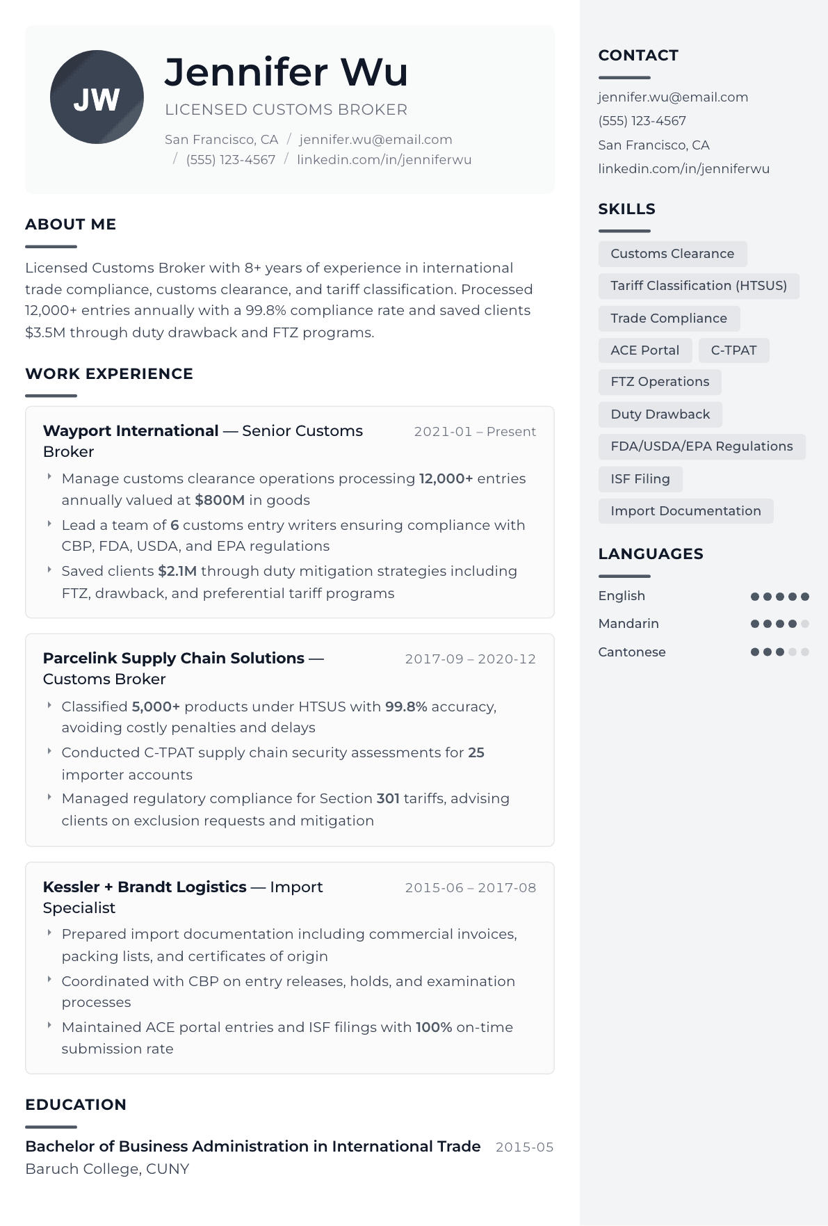 Customs Broker resume example, Metropolitan template