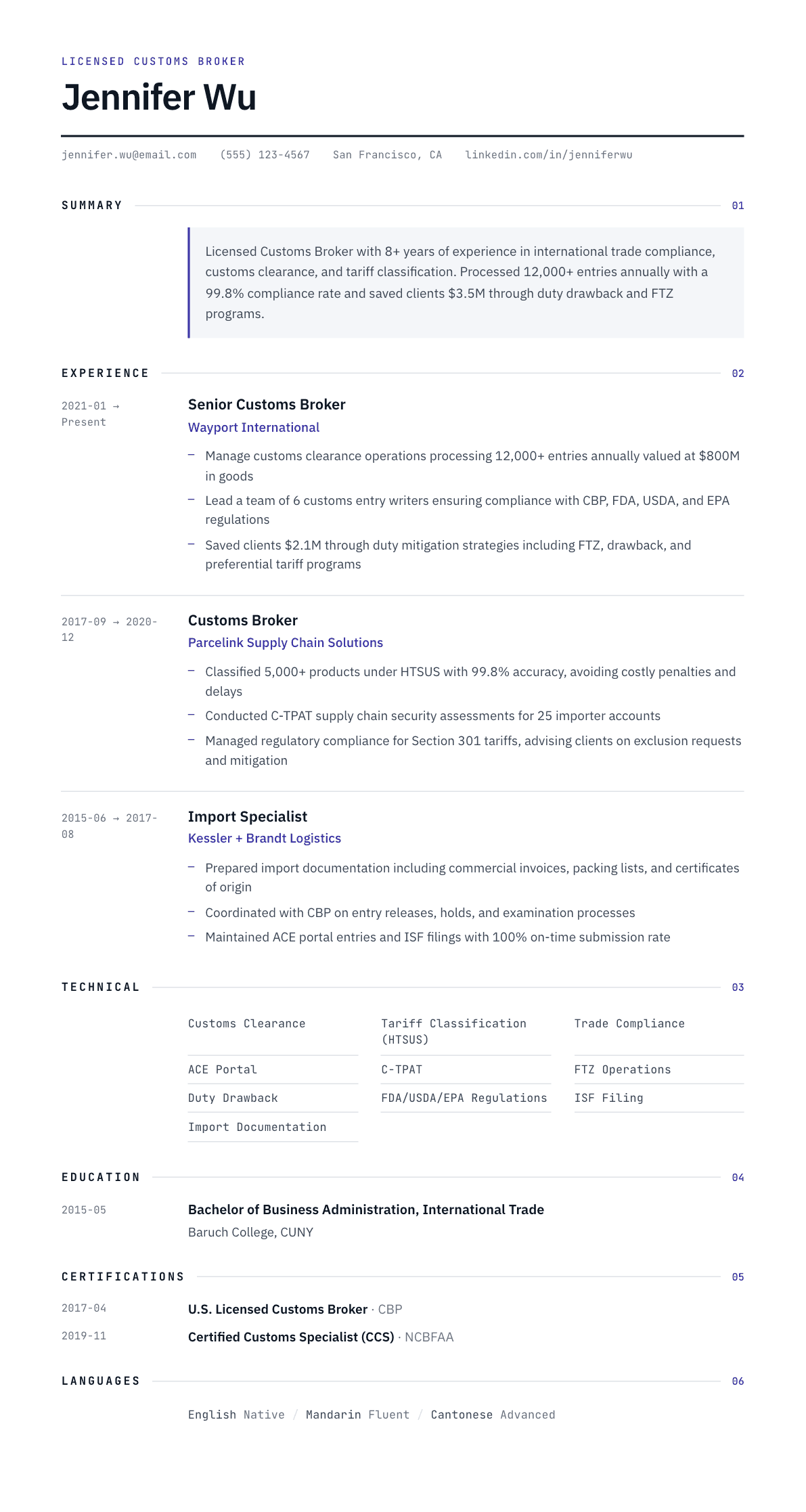 Customs Broker resume example, Substrate template
