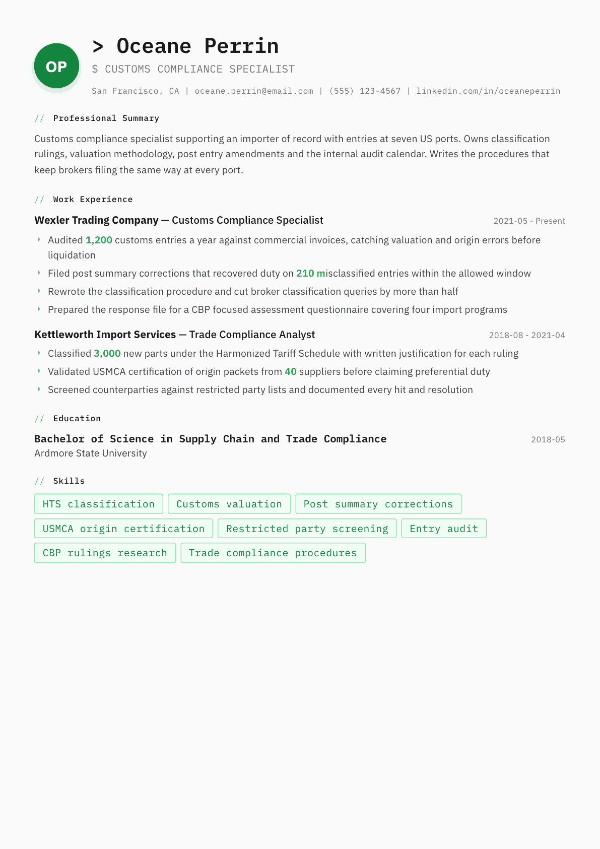 Customs Compliance Specialist resume example, Amsterdam template
