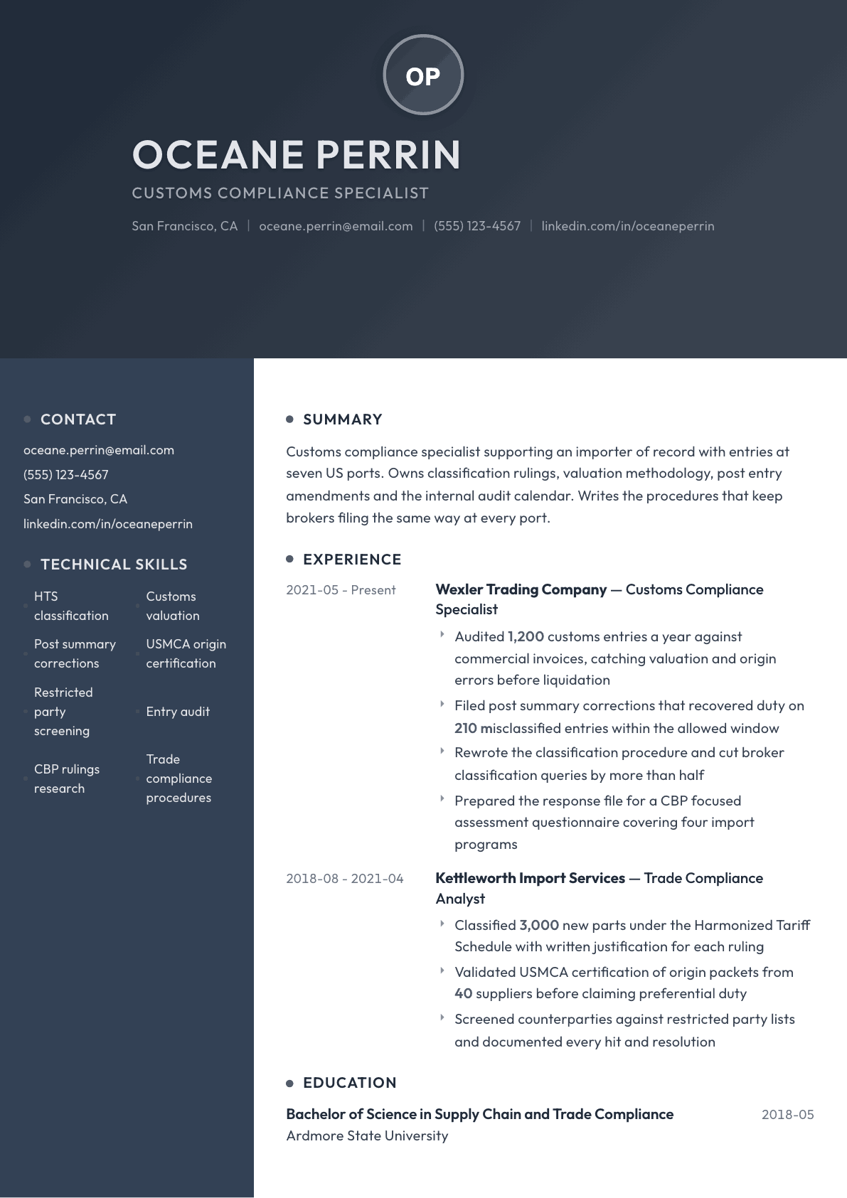 Customs Compliance Specialist resume example, Binary template
