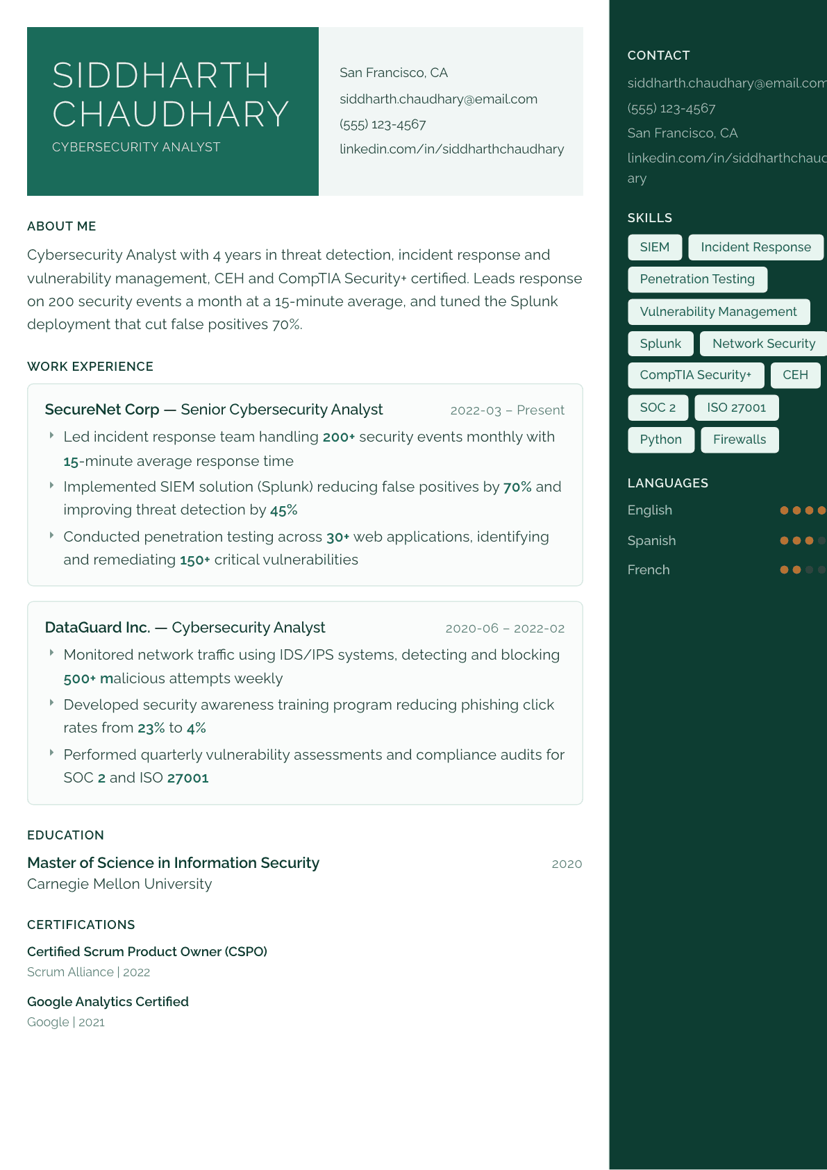 Cybersecurity Analyst resume example, Aurora template