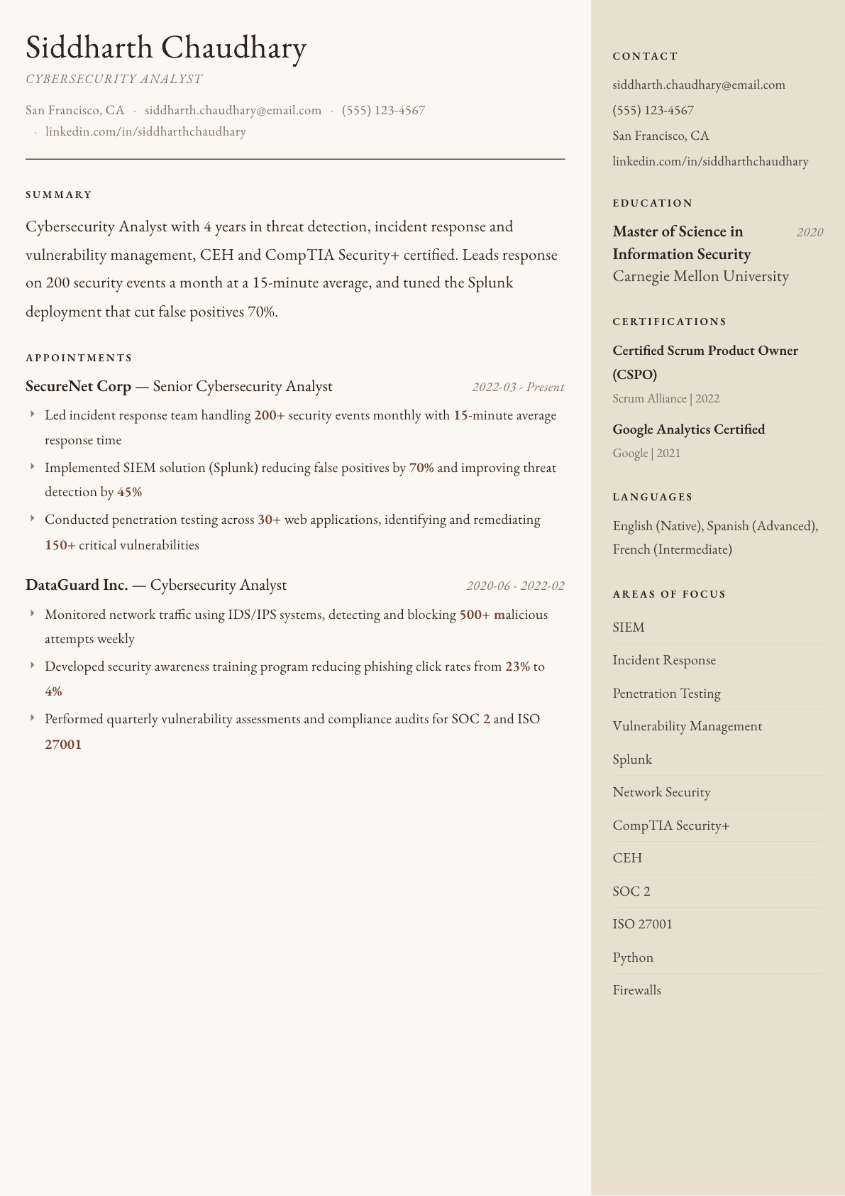 Cybersecurity Analyst resume example, Manuscript template