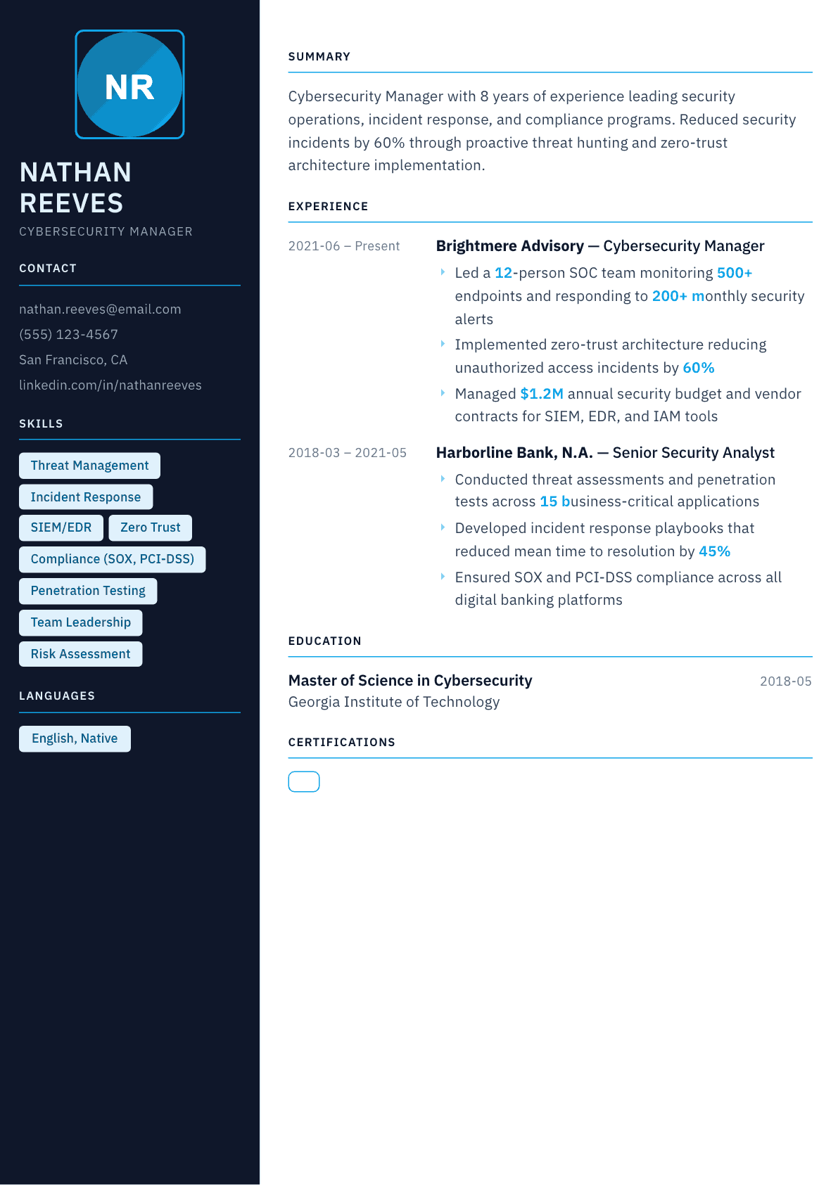 Cybersecurity Manager resume example, Everest template