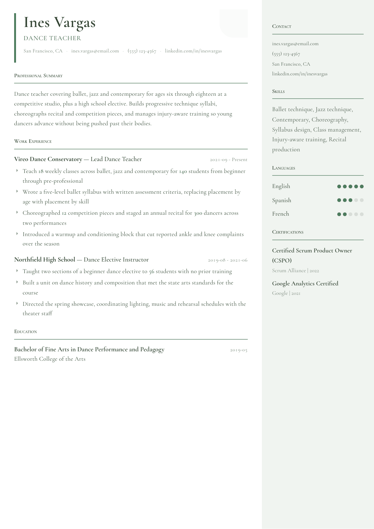Dance Teacher resume example, Copenhagen template