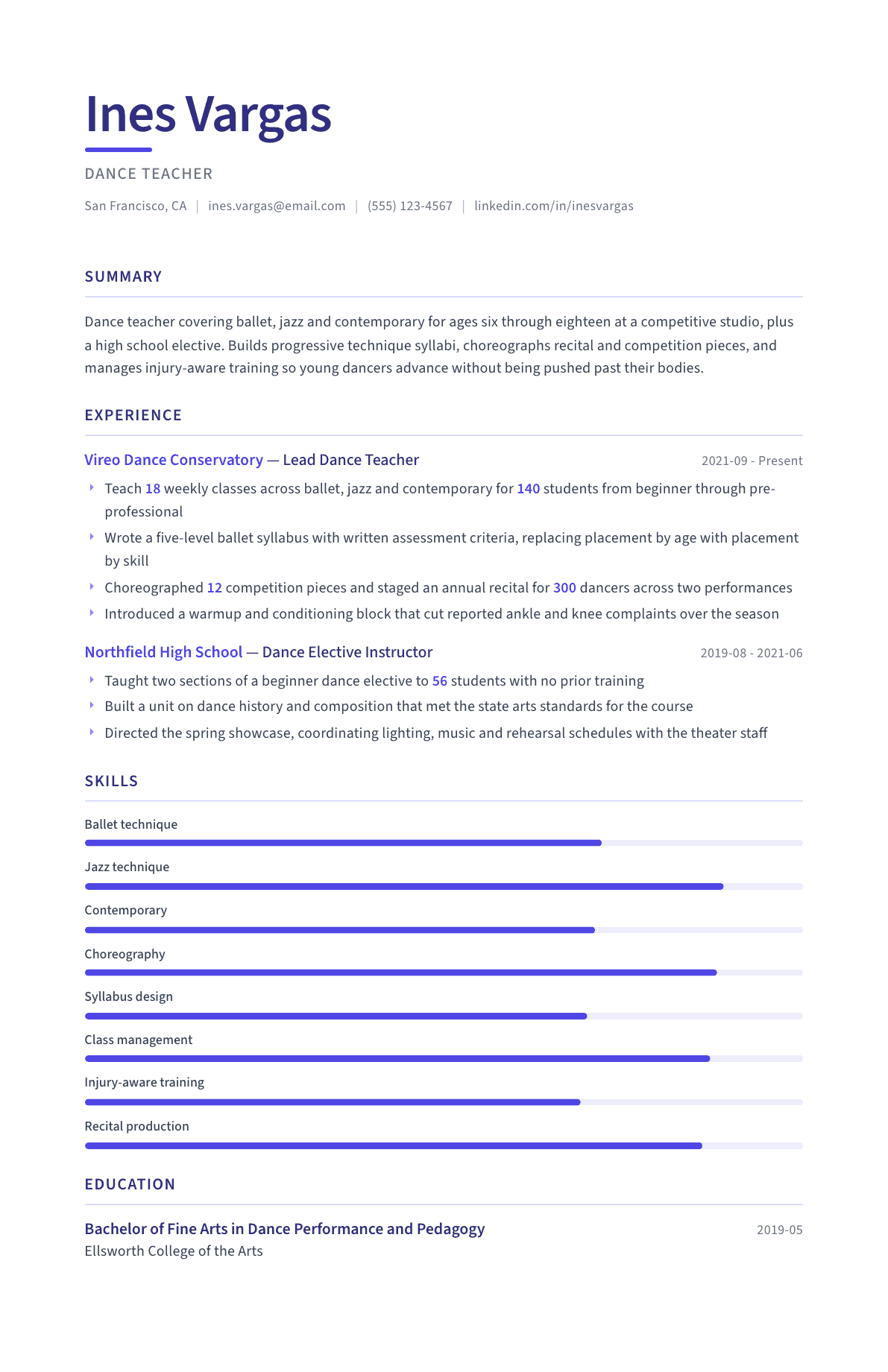 Dance Teacher resume example, Logic template
