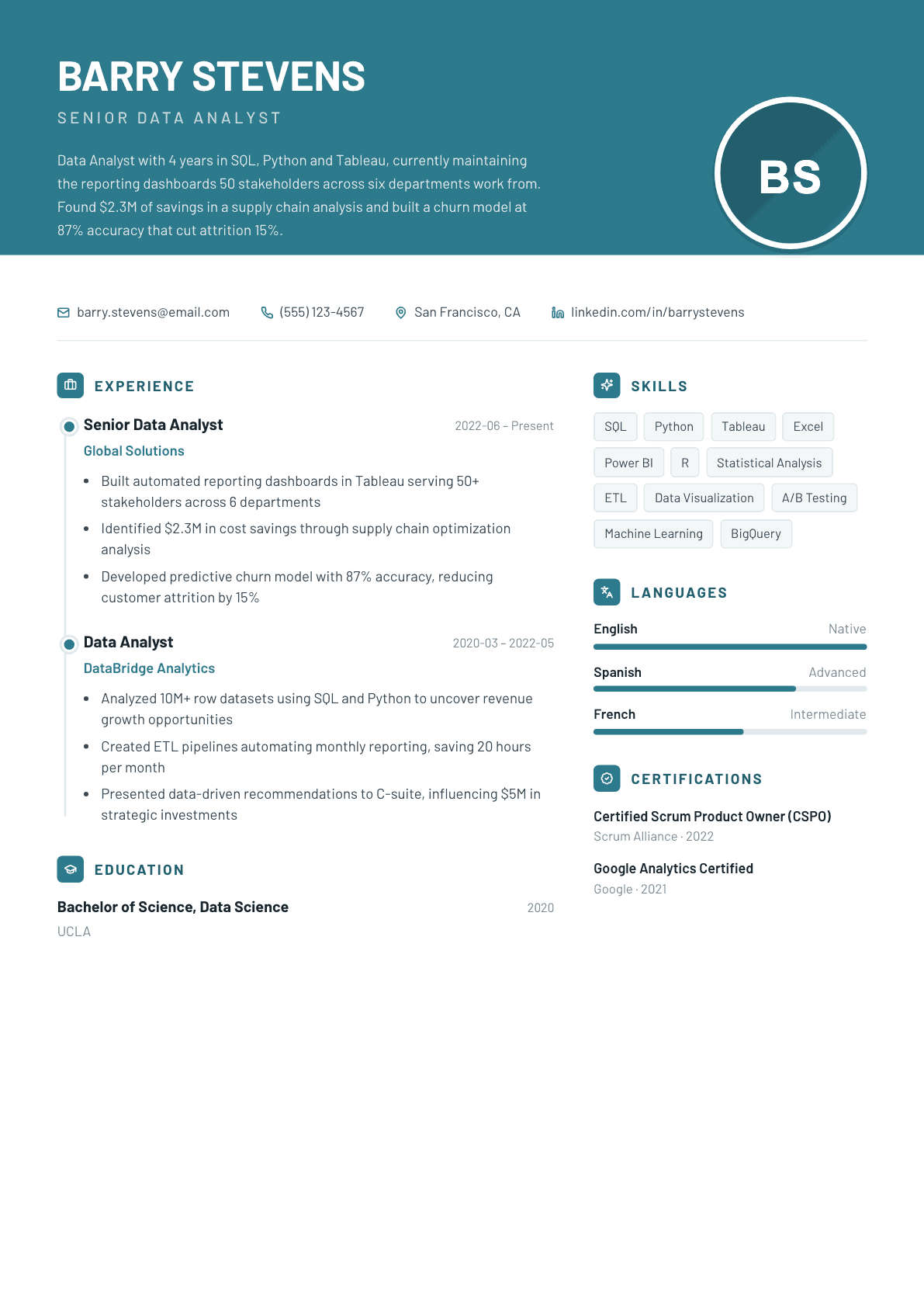 Data Analyst resume example, Harbor template