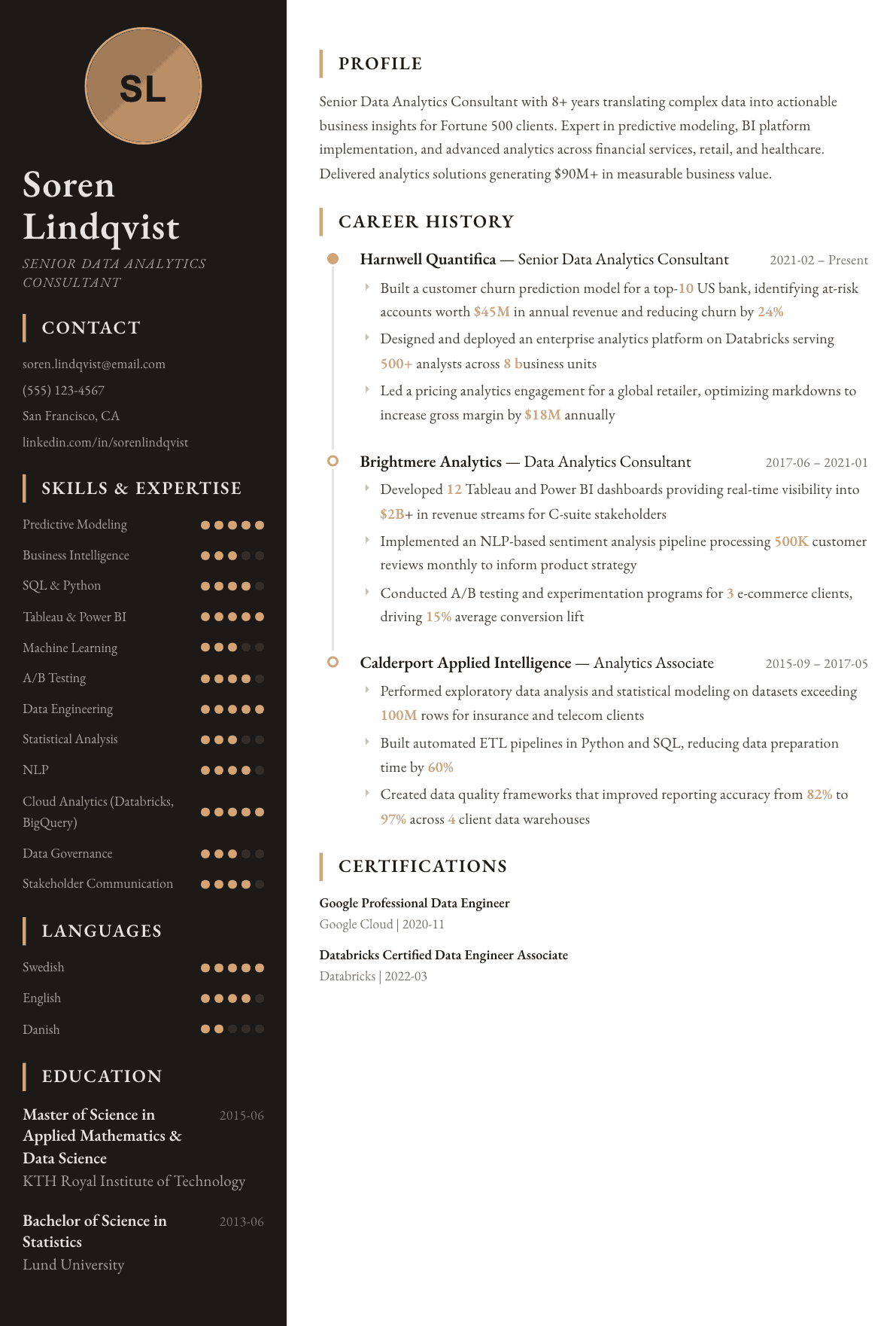 Data Analytics Consultant resume example, Heritage template