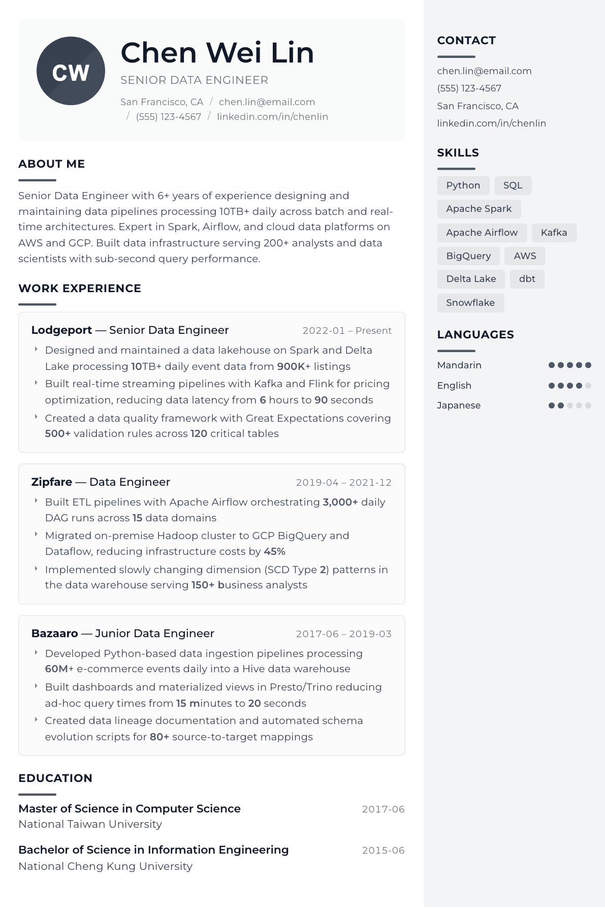 Data Engineer resume example, Metropolitan template