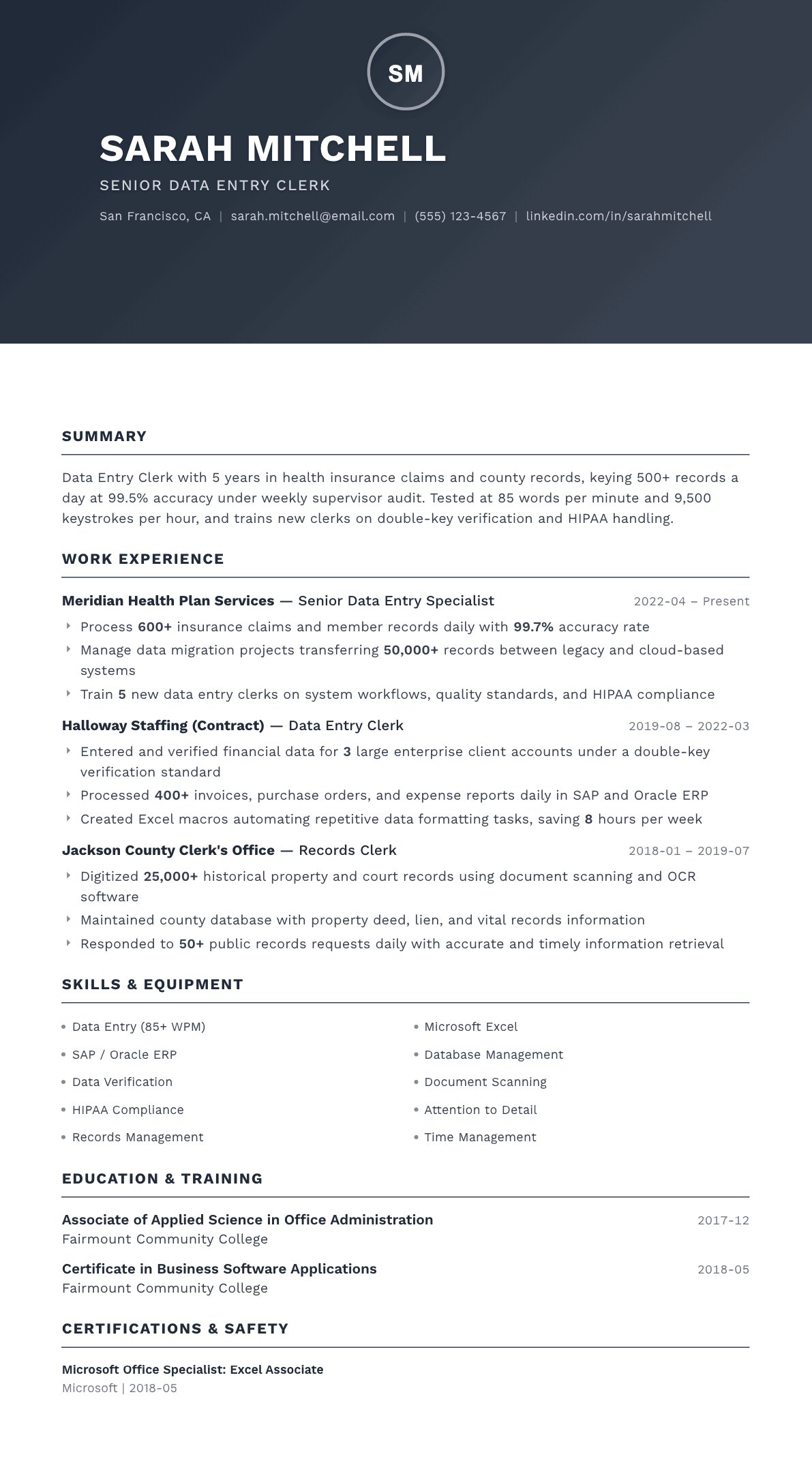 Data Entry Clerk resume example, Foundation template