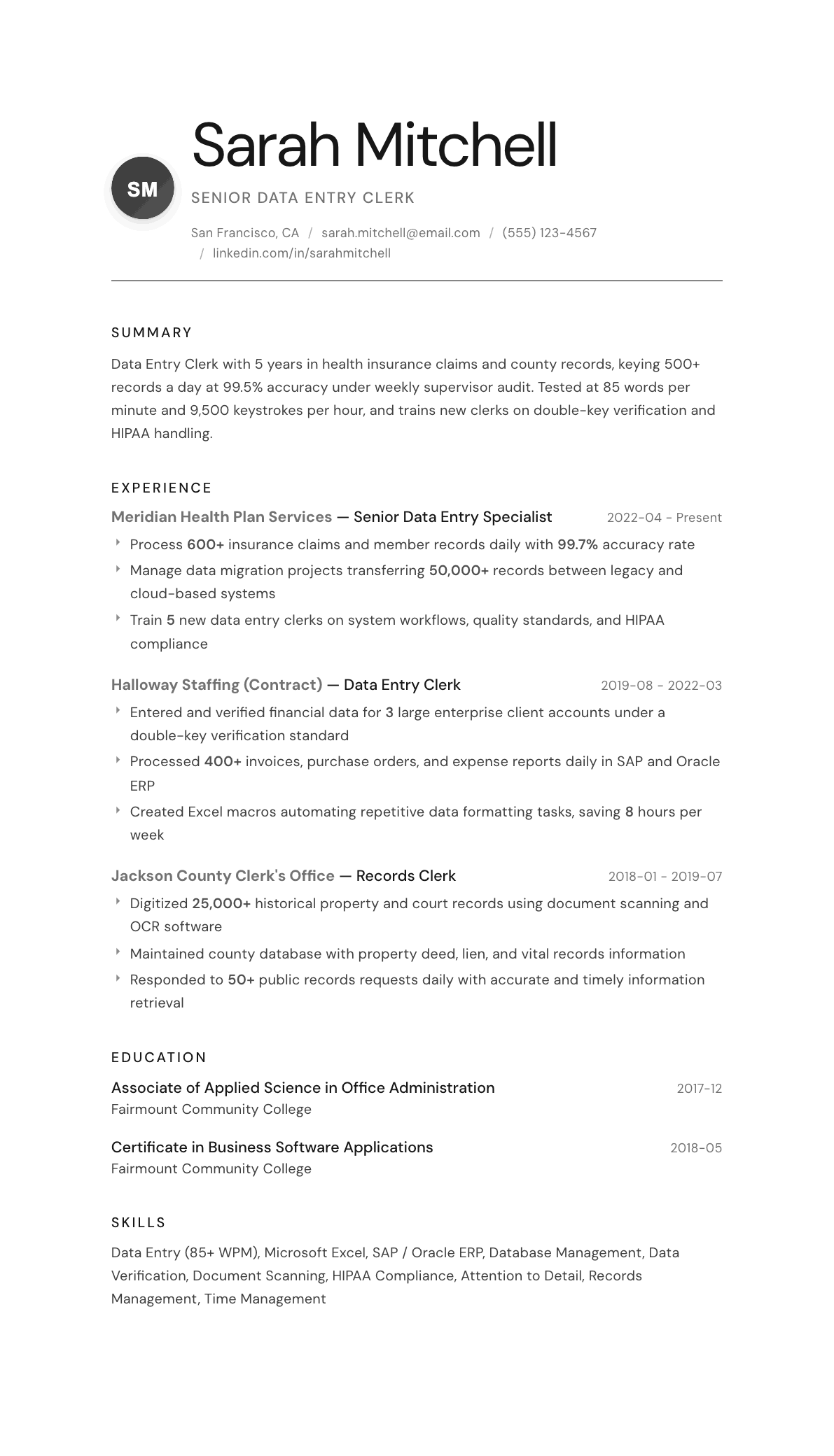 Data Entry Clerk resume example, Whisper template