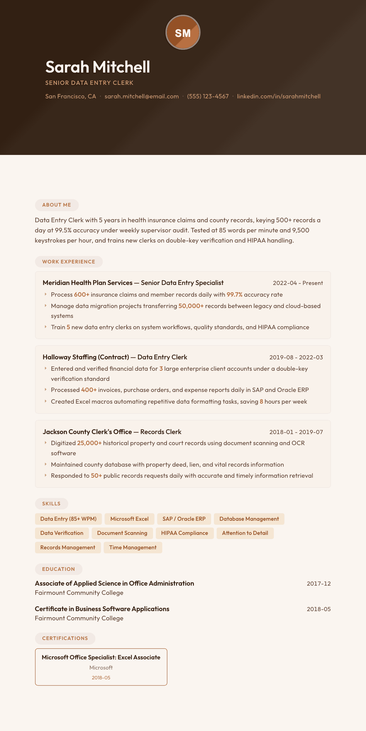 Data Entry Clerk resume example, Terracotta Studio template