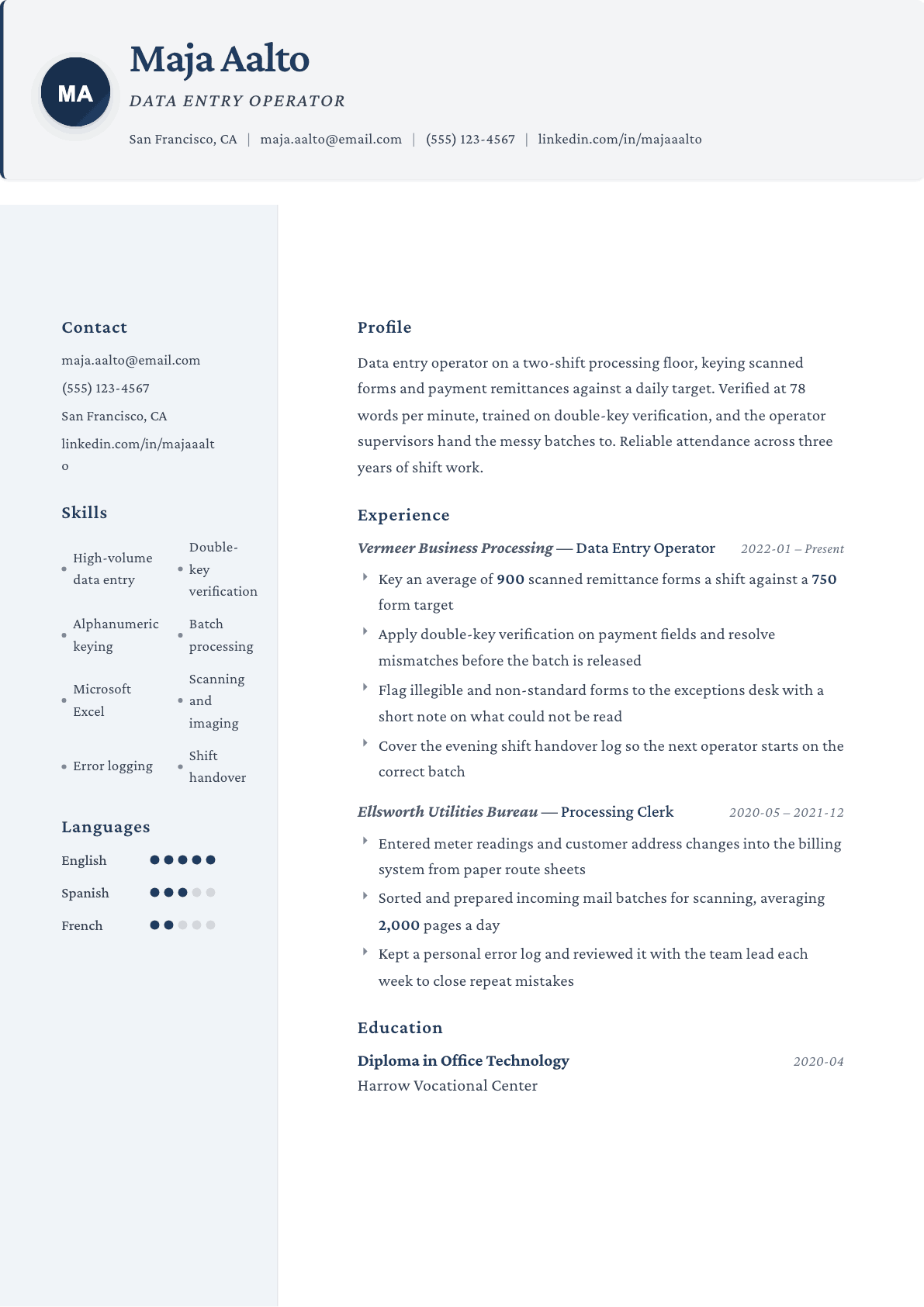 Data Entry Operator resume example, Formal template