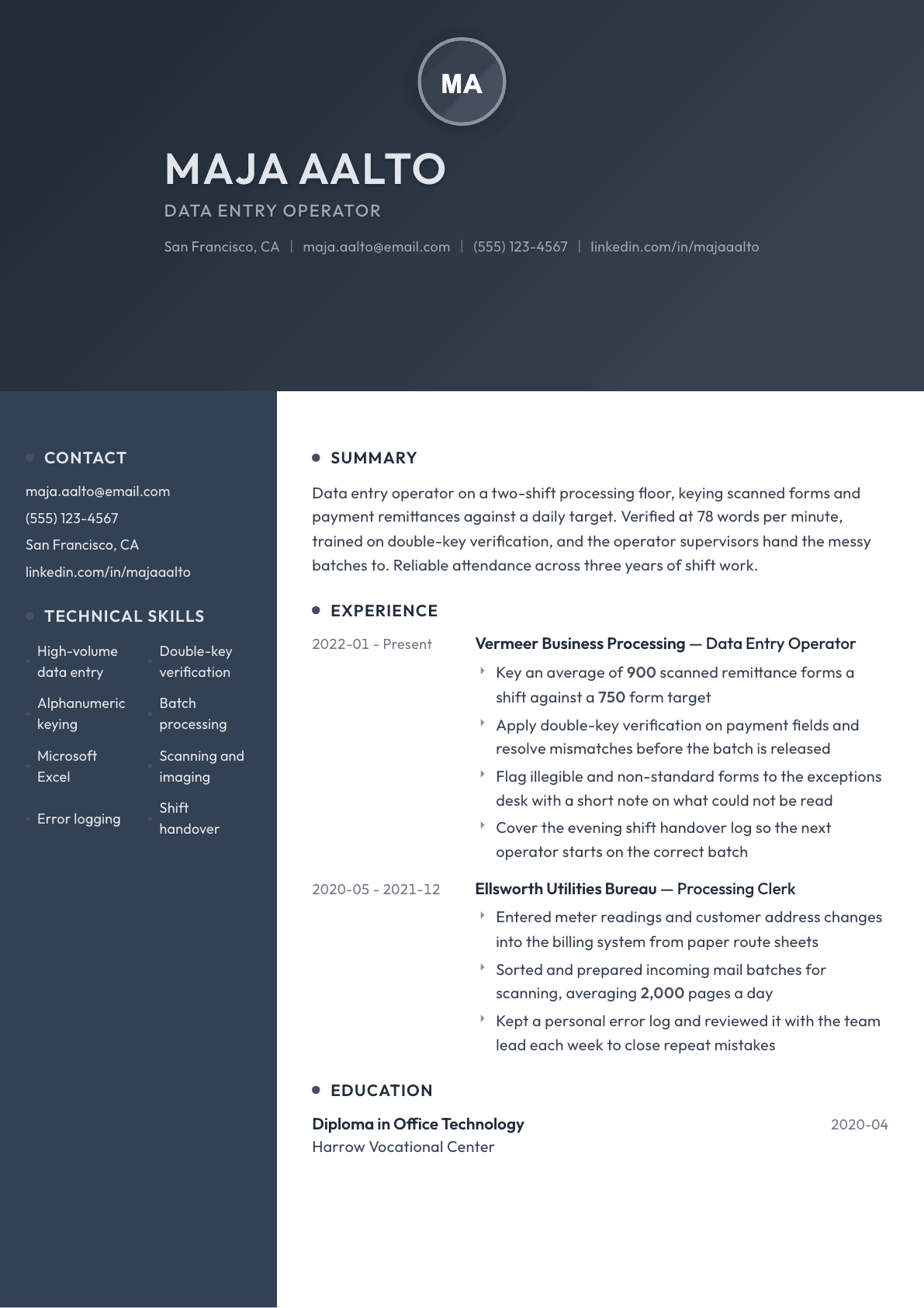 Data Entry Operator resume example, Binary template