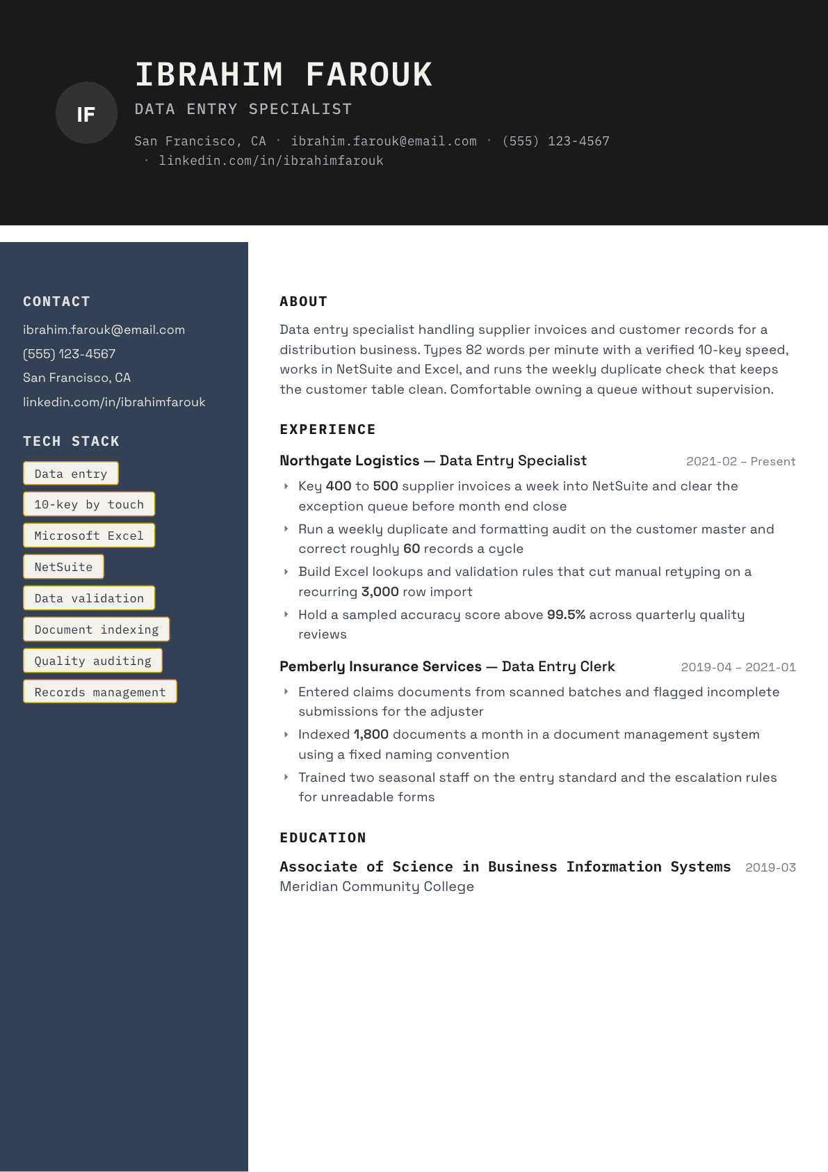 Data Entry Specialist resume example, Codebase template