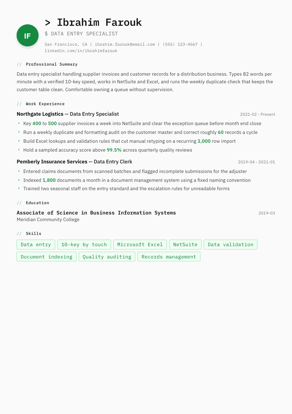 Data Entry Specialist resume example, Amsterdam template
