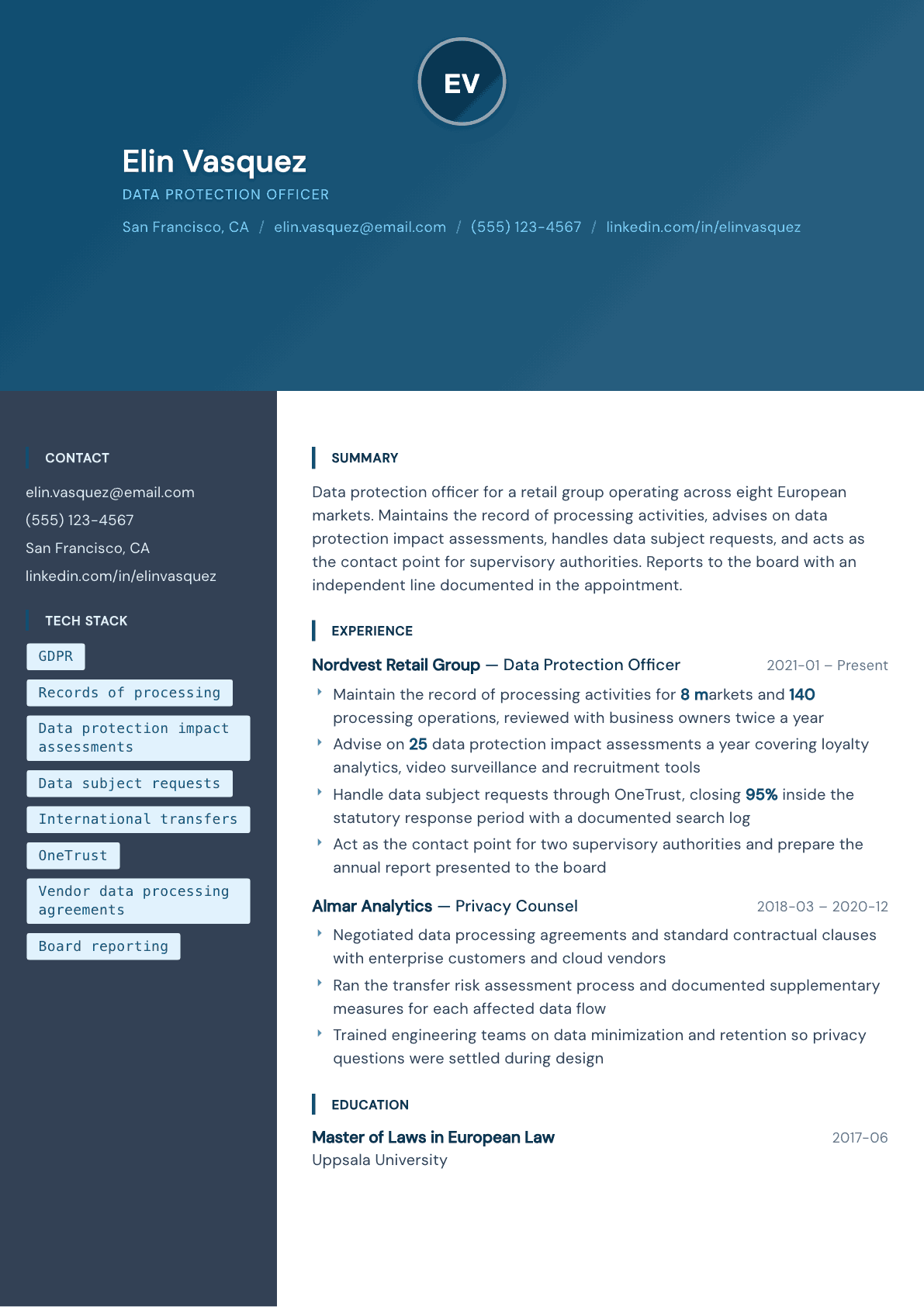 Data Protection Officer resume example, Prism template