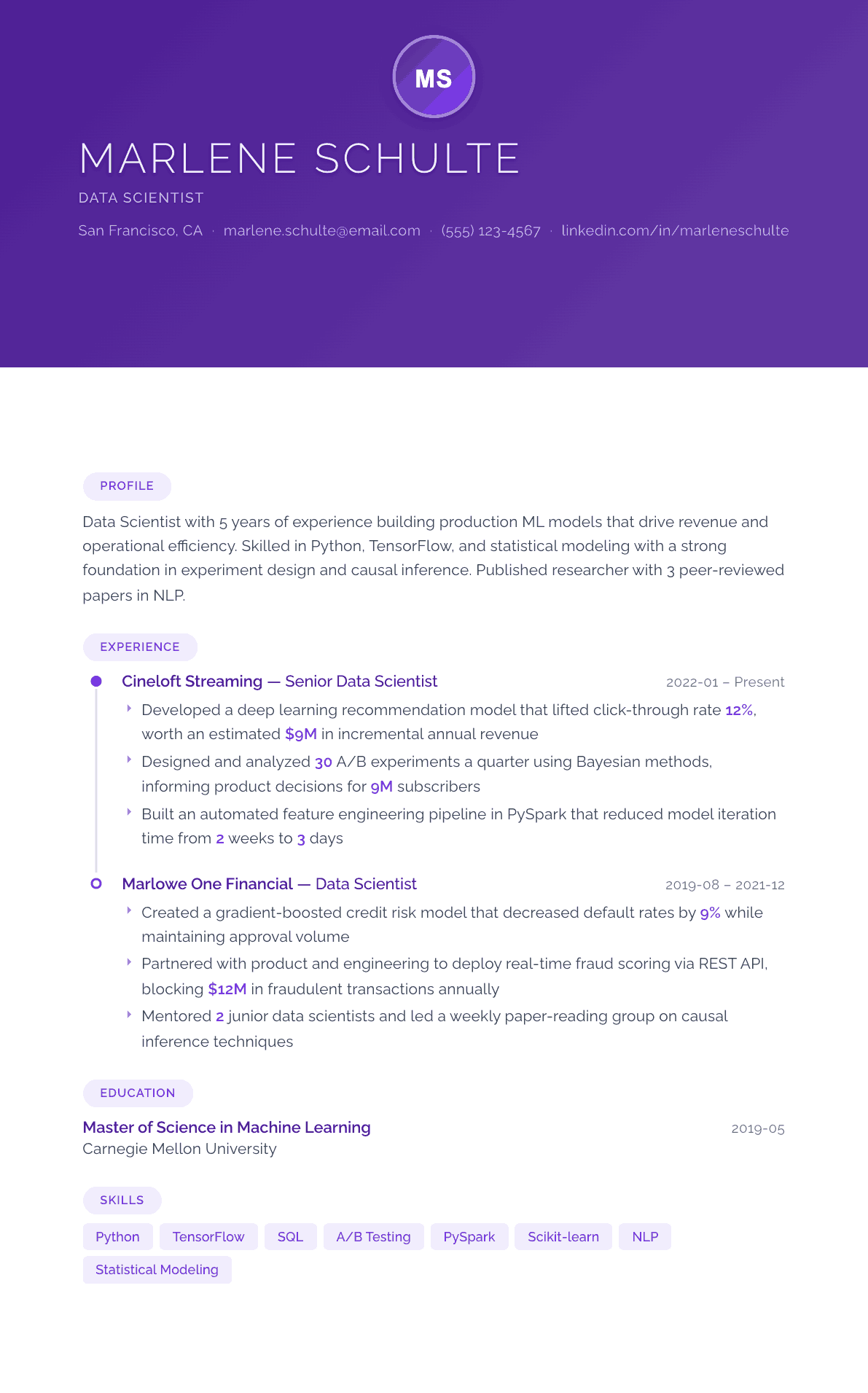 Data Scientist resume example, Canvas template