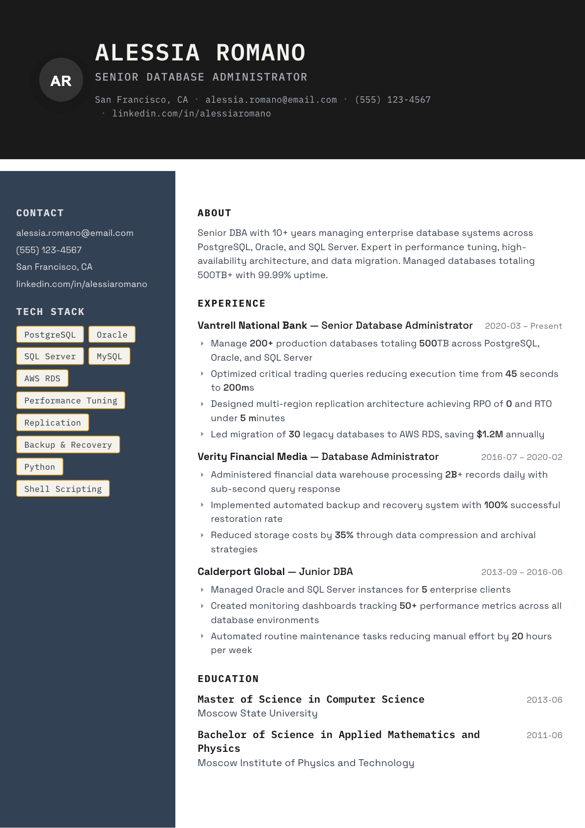 Database Administrator resume example, Codebase template
