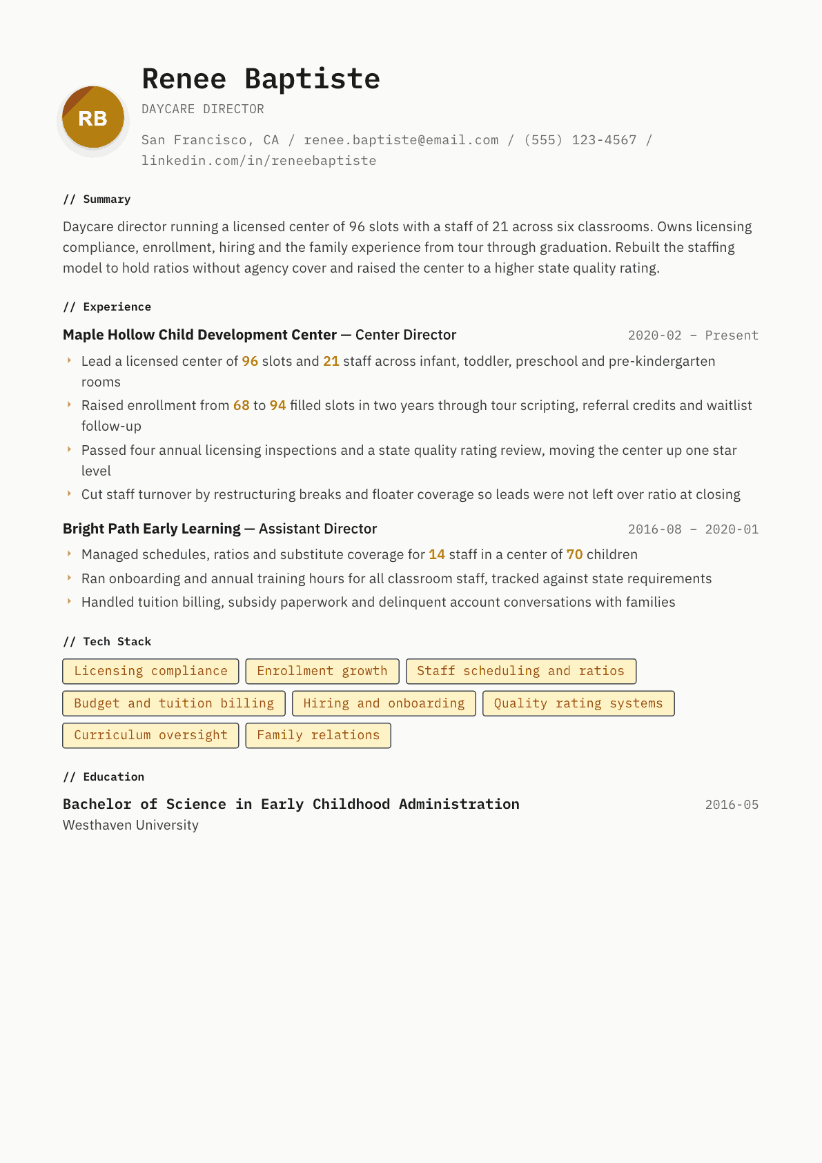 Daycare Director resume example, Inkwell template