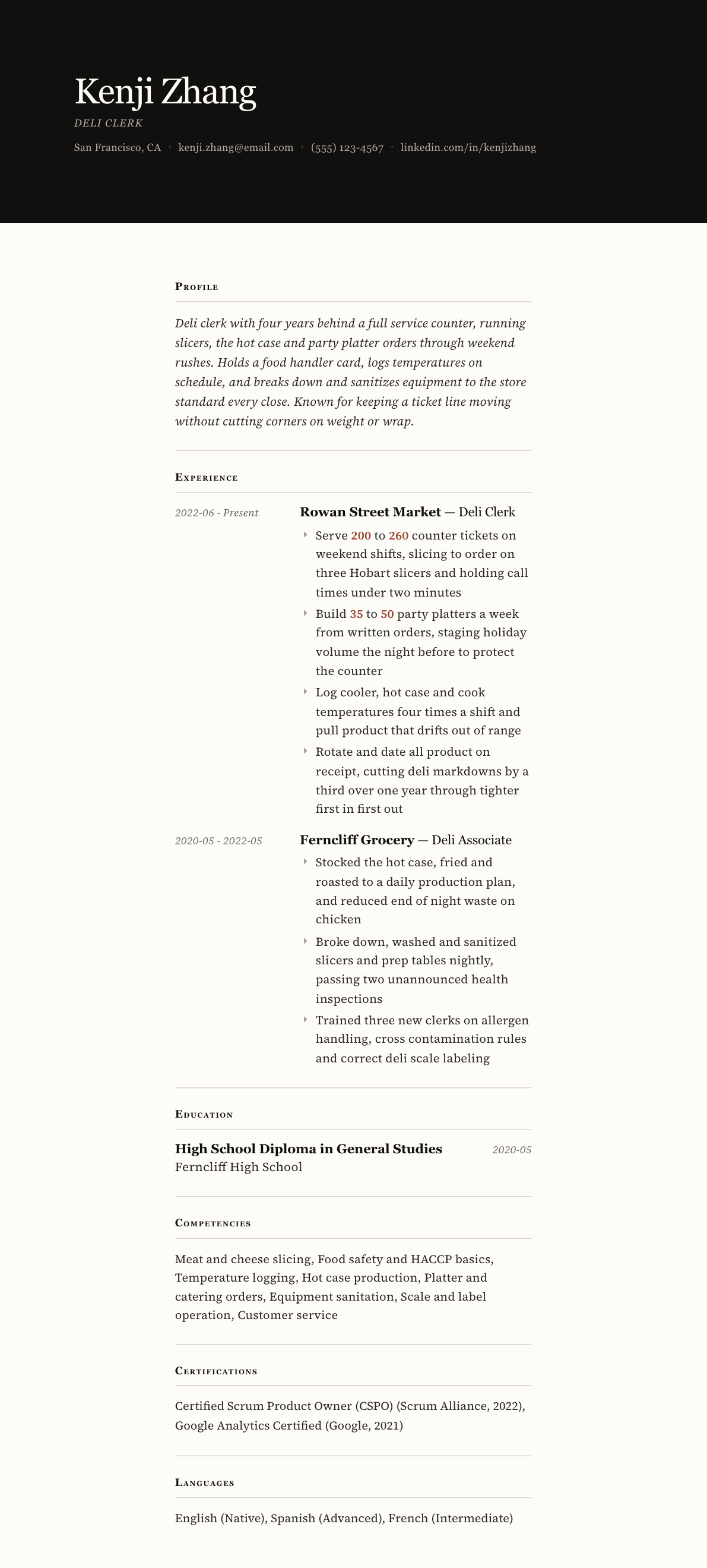 Deli Clerk resume example, Broadsheet template