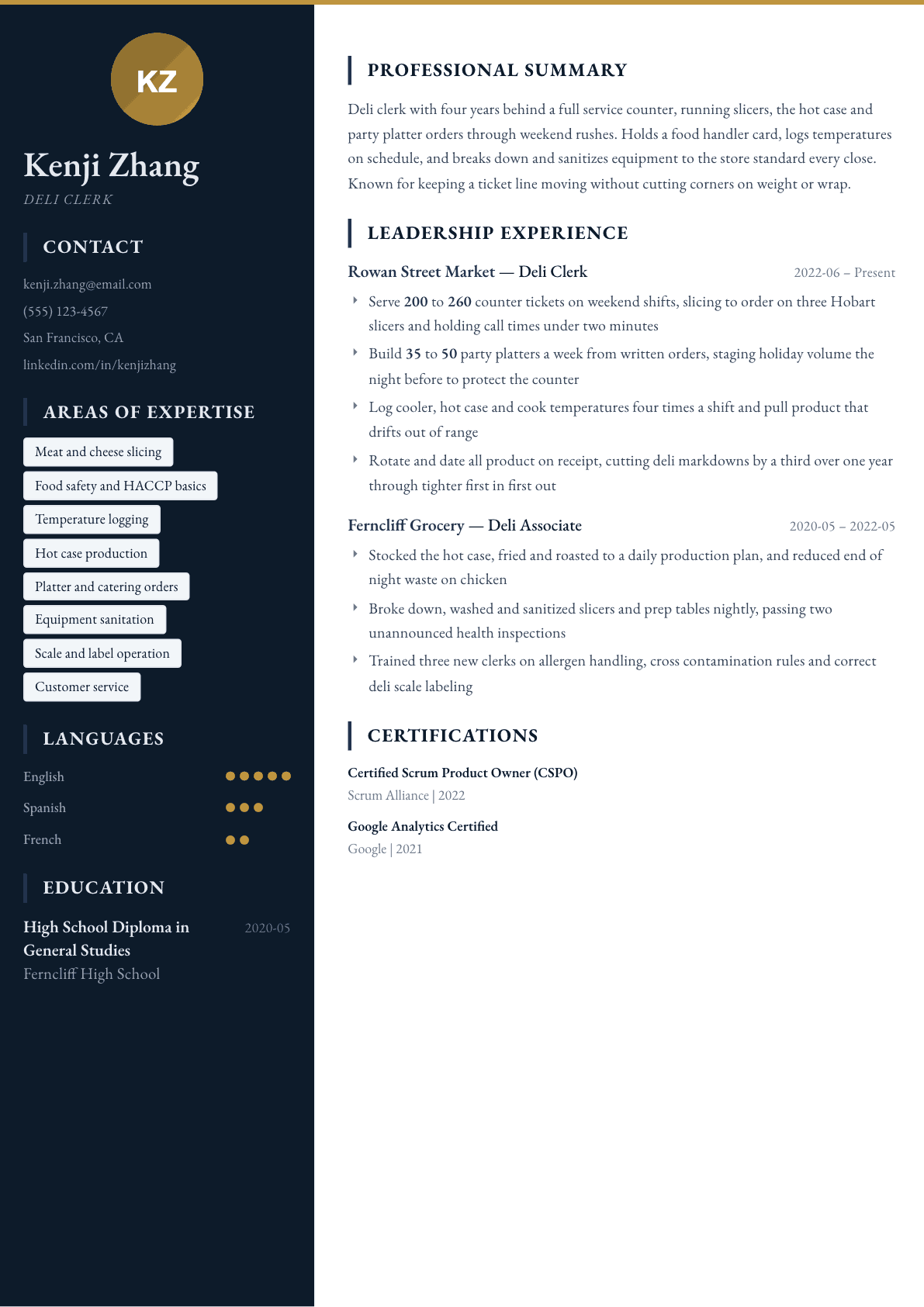 Deli Clerk resume example, Presidio template