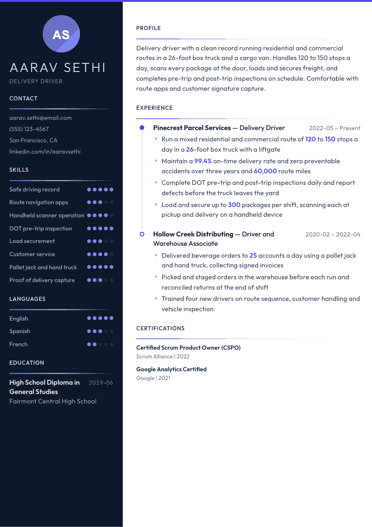Delivery Driver resume example, Zenith template