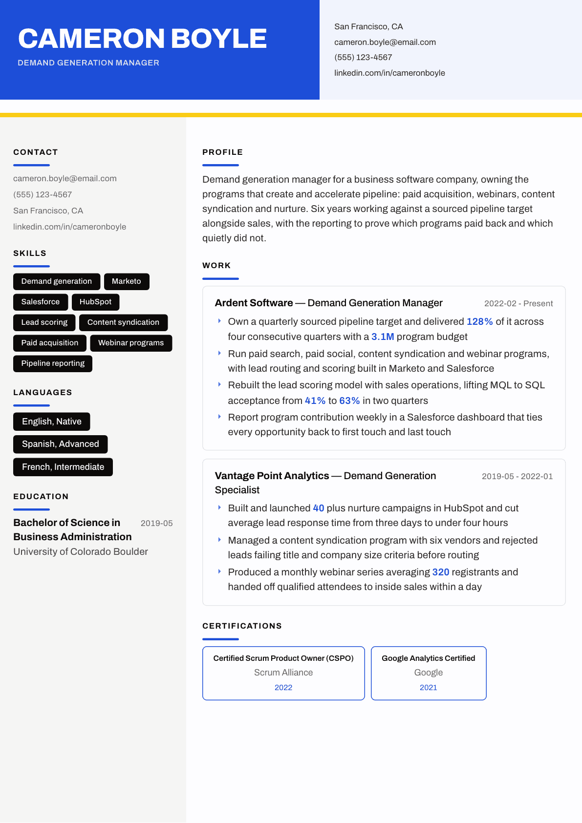 Demand Generation Manager resume example, Kontrast template