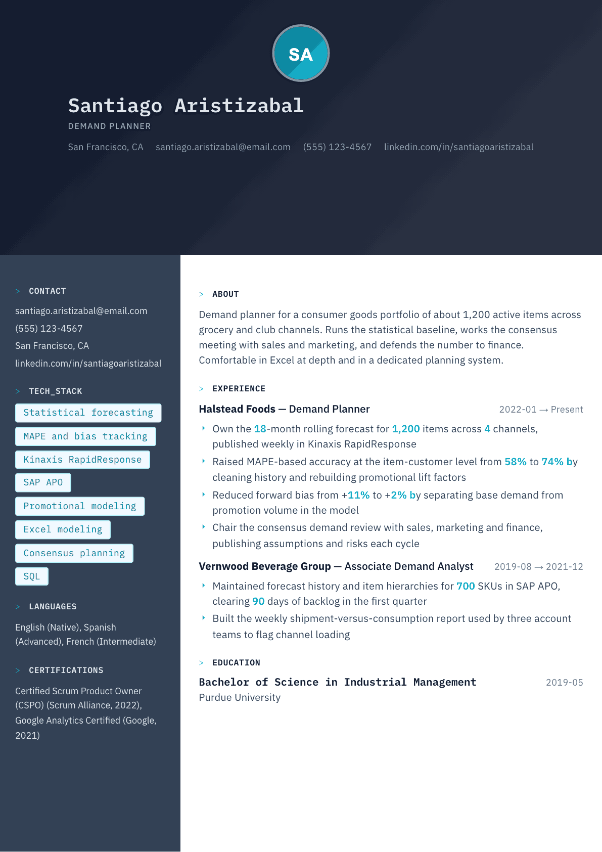 Demand Planner resume example, Code Terminal template