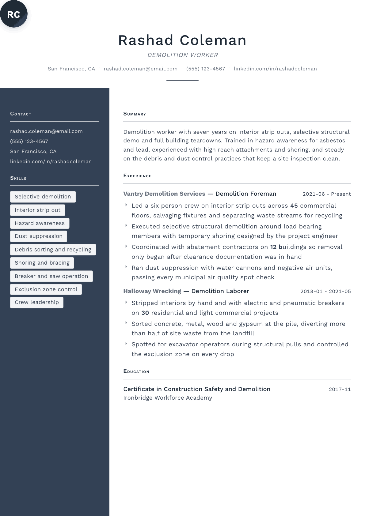 Demolition Worker resume example, Fold template