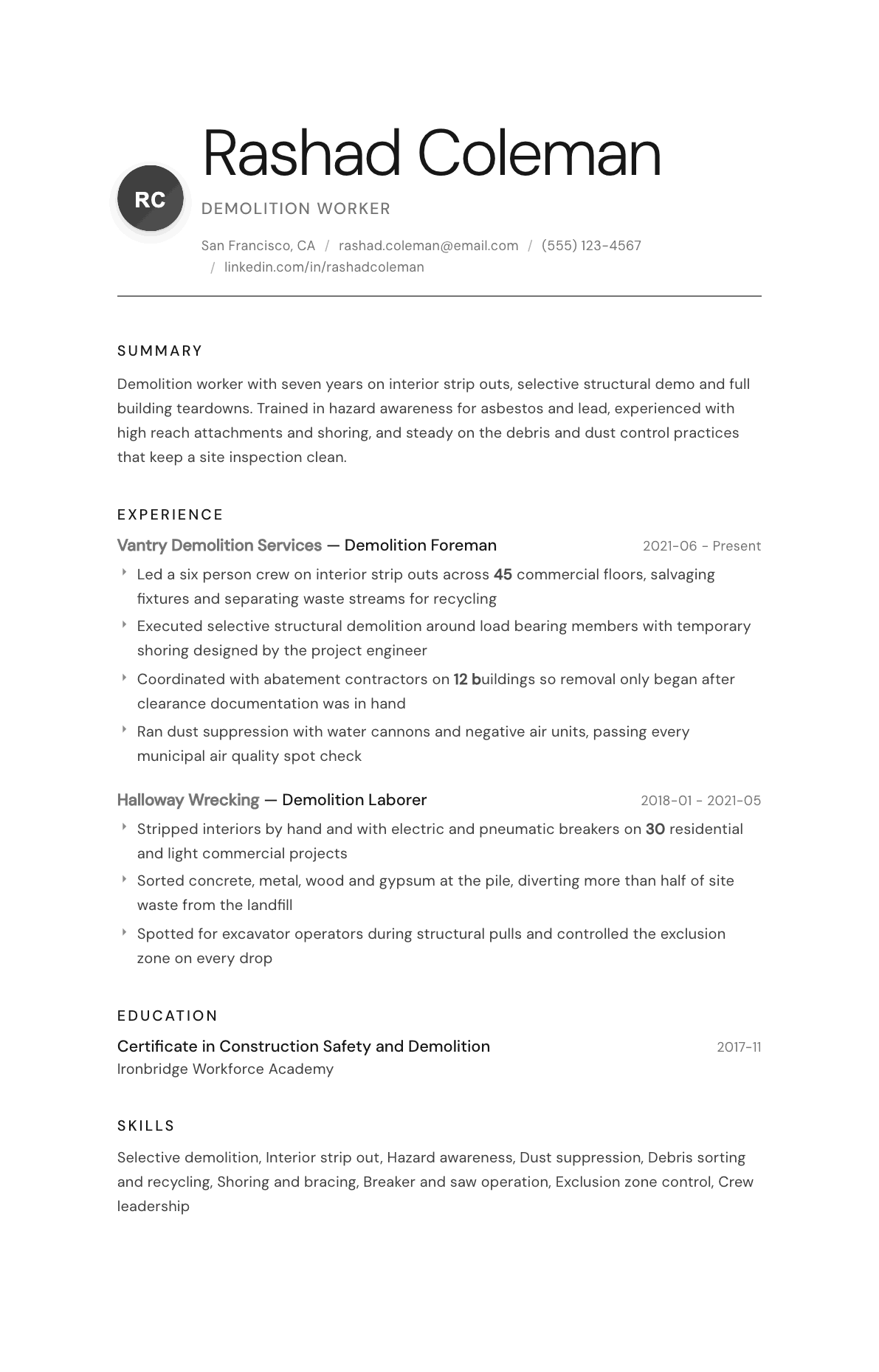 Demolition Worker resume example, Whisper template